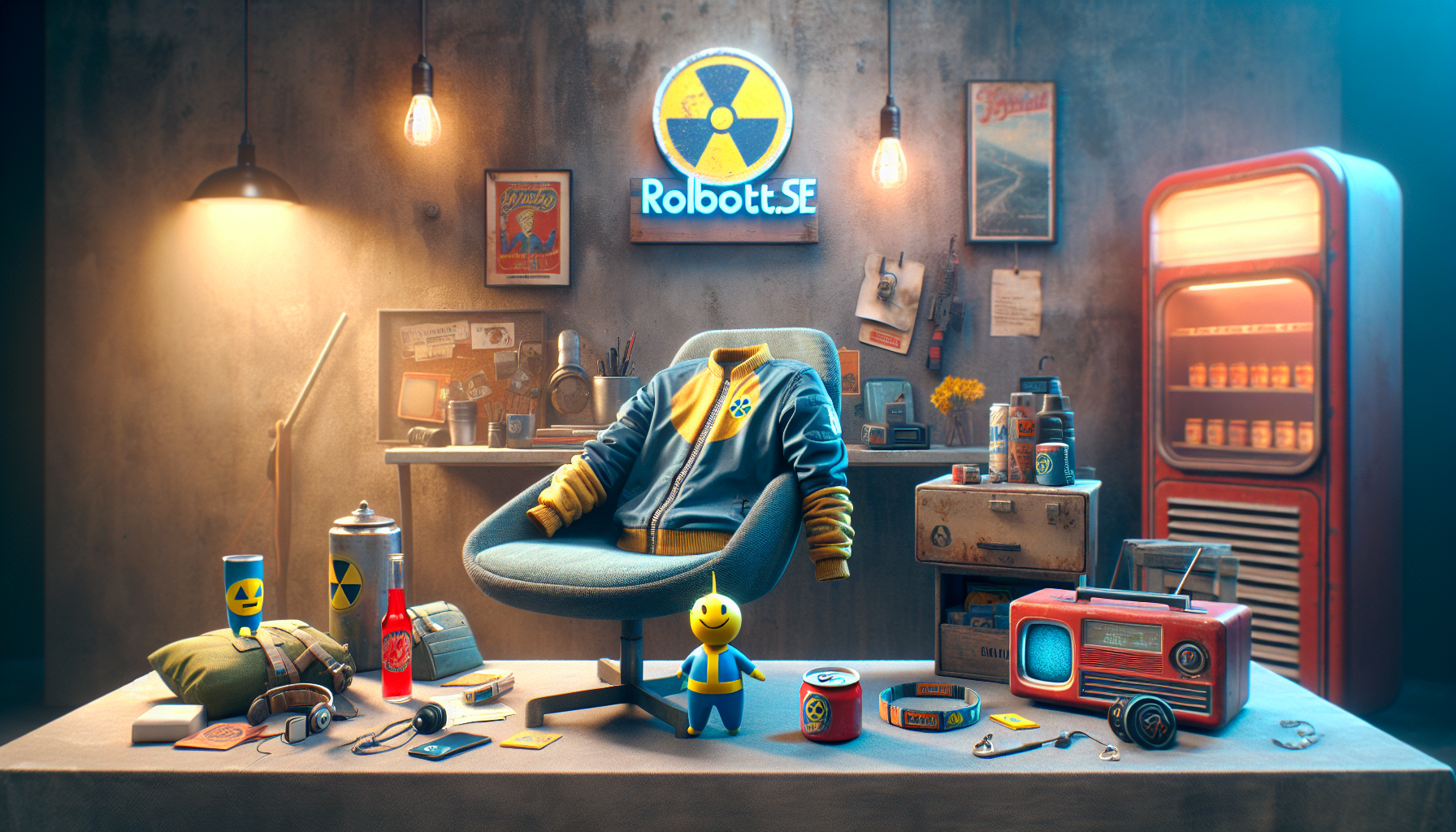 Fallout-inspirerad merchandise från Robotto.se på hylla: blågul jacka, bobblehead, retro-armband, röd flaska, svensk flagga.
