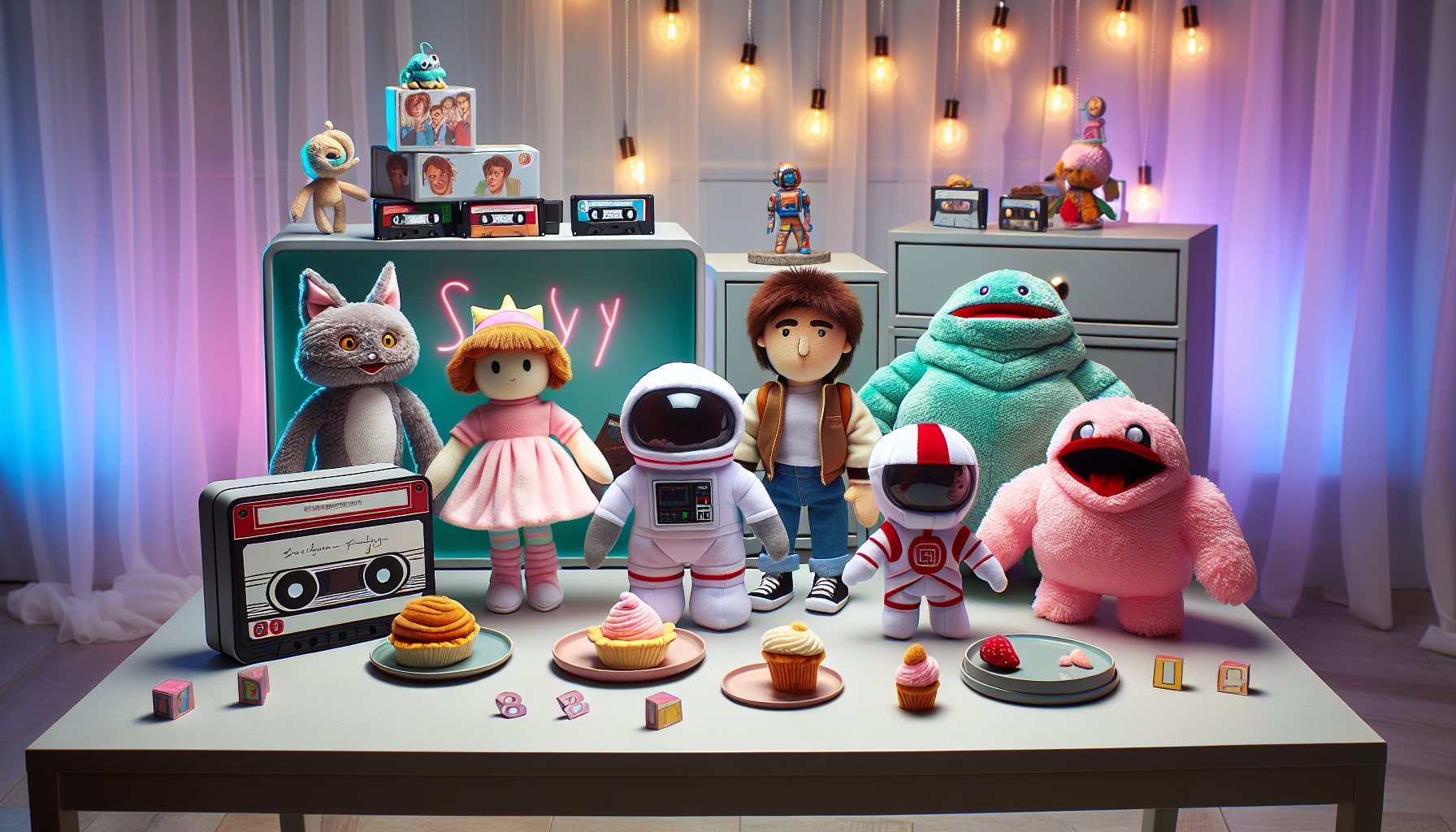 Samlade Stranger Things-gosedjur på ett bord med Nerdbutiken.se-logga, retro 80-talsdetaljer och mysig belysning.