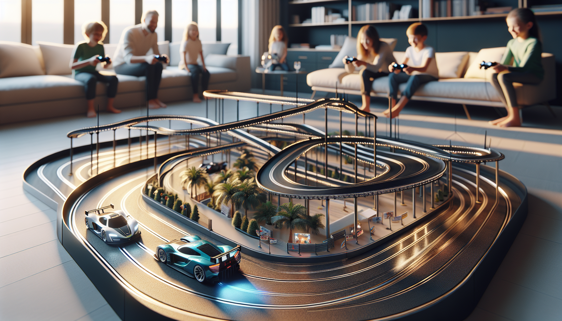 Familj leker med Carrera bilbana i modern vardagsrum, två slotbilar i full fart, glada barn och vuxna, Nerdbutiken.se slotracing.