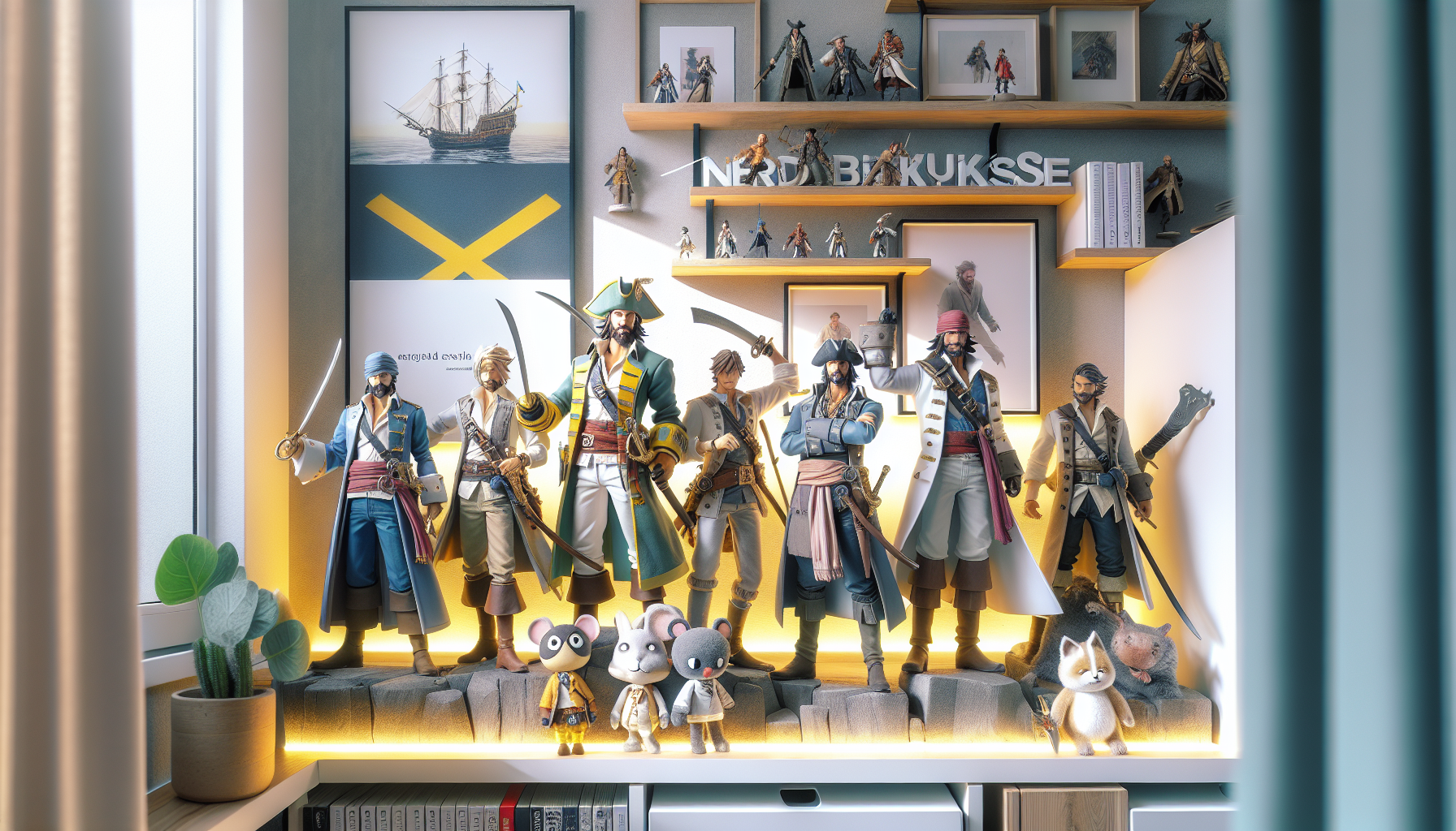 Färgstark hylla med One Piece-figurer som Luffy & Zoro i nordisk inredning, svensk flagga, perfekt för anime-samlares blogg i Sverige.