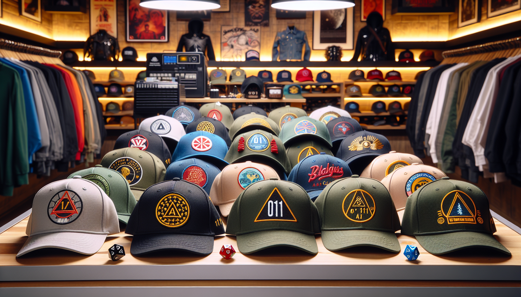 Stranger Things kepsar från Nerdbutiken.se på träbord med sagoljus, D&D tärning, walkie-talkie och butiksmiljö i bakgrunden.