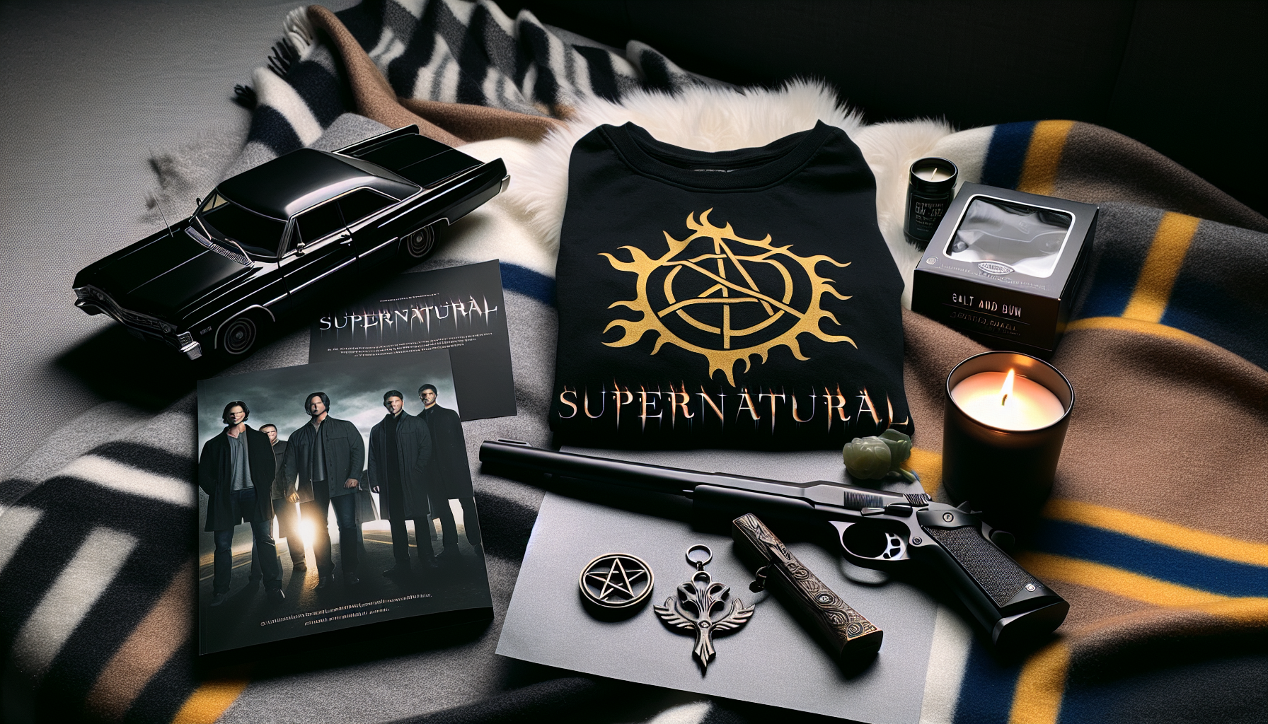 Supernatural-merch på Robotto.se: t-shirts, Funko Pop-figurer, Impala-replika, svensk flagga, mörk mystisk stämning, blogg.
