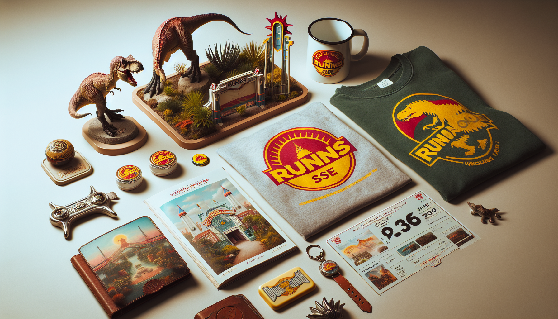 Jurassic Park produkter: T-rex figur, mugg, nyckelring, retro t-shirt, svensk flagga & Runns.se-broschyr på ljus bakgrund.