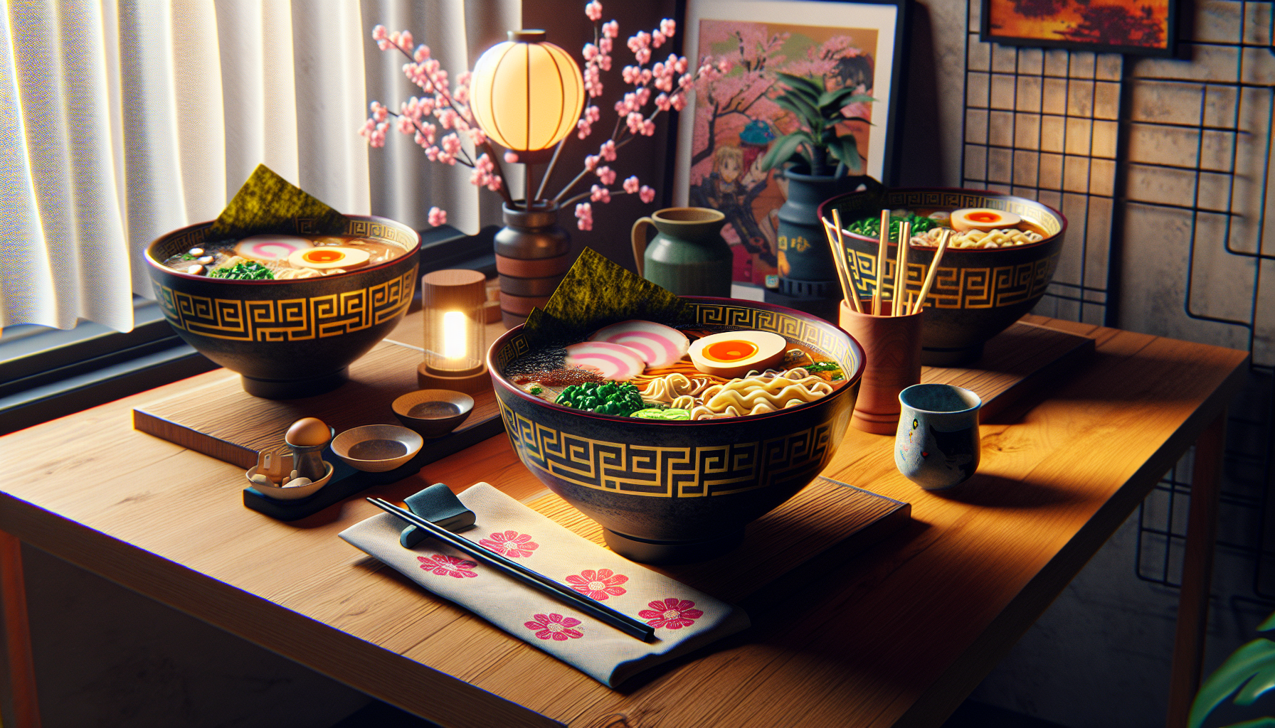 Färgglada ramen-skålar med anime-, spel- och filmtema från Nerdbutiken.se, fyllda med ångande ramen och japanska tillbehör.