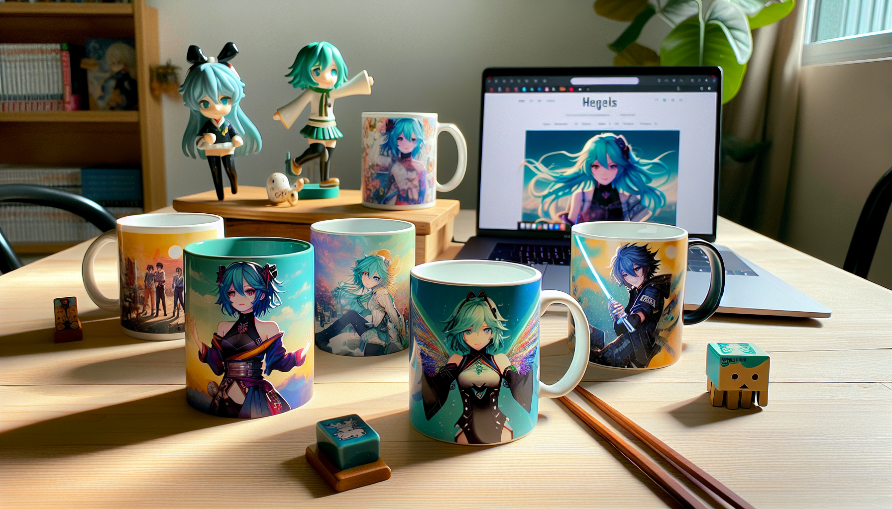 Flat lay med färgglada Hatsune Miku-muggar, animefigurer, manga, ätpinnar och laptop med Nerdbutiken.se-logga på ljust träbord.