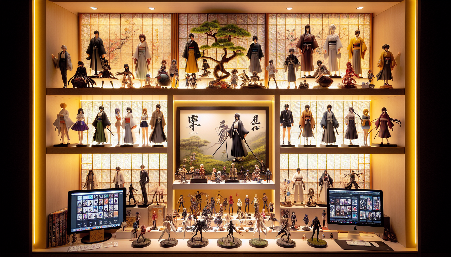 Demon Slayer figurer i premium samlarhylla med Tanjiro, Nezuko, Zenitsu och Inosuke hos Nerdbutiken.se, modern japansk inredning.