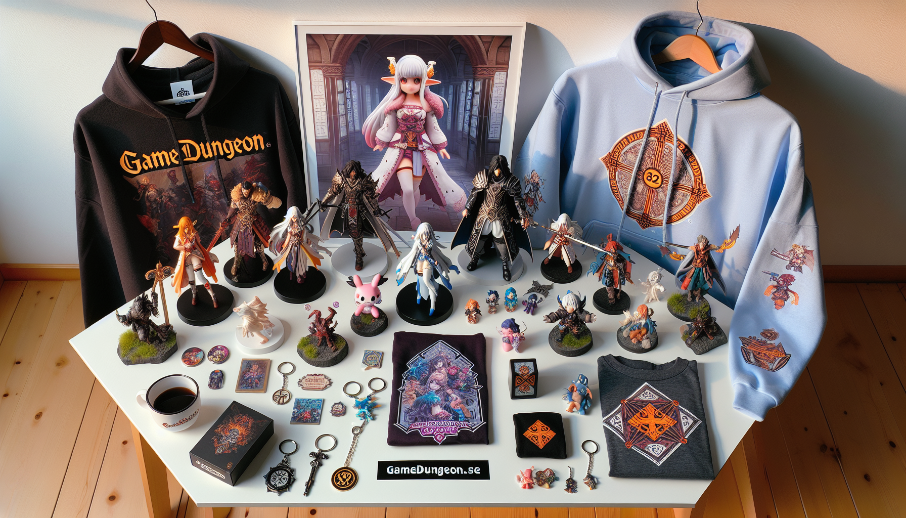 Färgglad flatlay av Genshin Impact-merch med figurer, kläder, muggar, pins och svensk flagga, inspirerat av anime, från Gamedungeon.se.