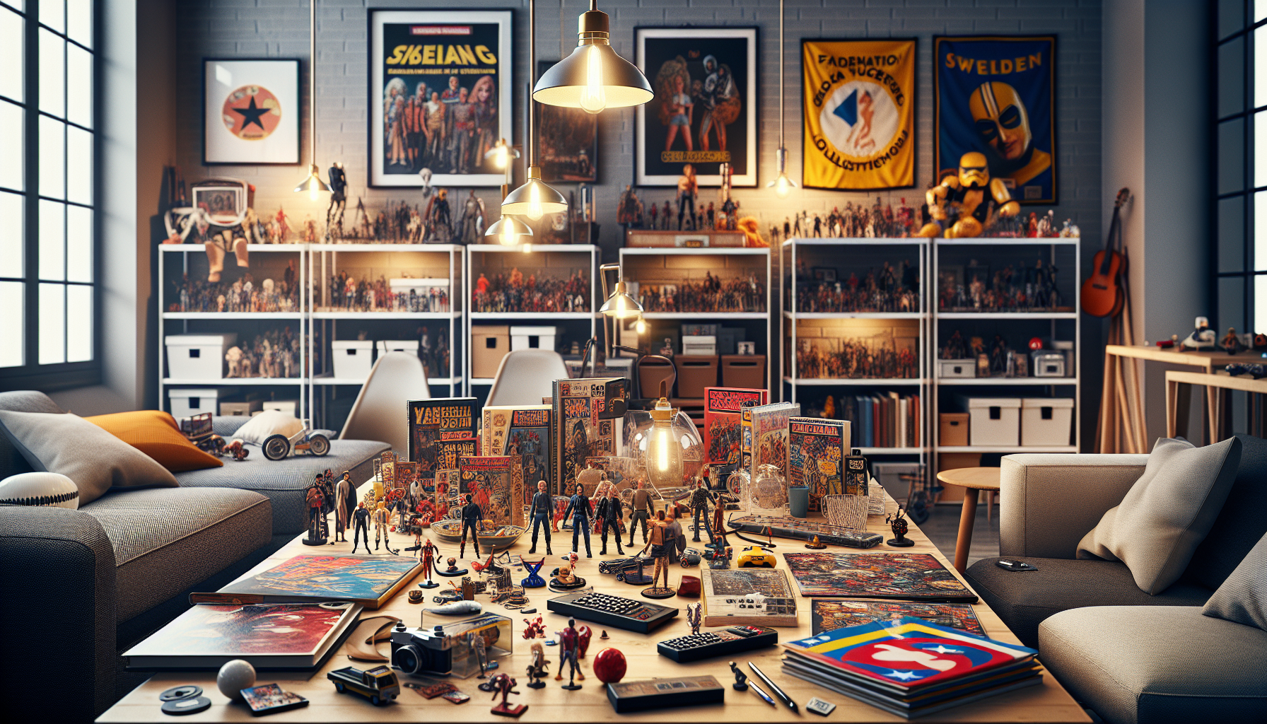 Modern samlarbordsscen med retrofigurer, serietidningar, filmrekvisita och Nerdbutiken.se/Doctor Collector-produkter i svenskt sammanhang.