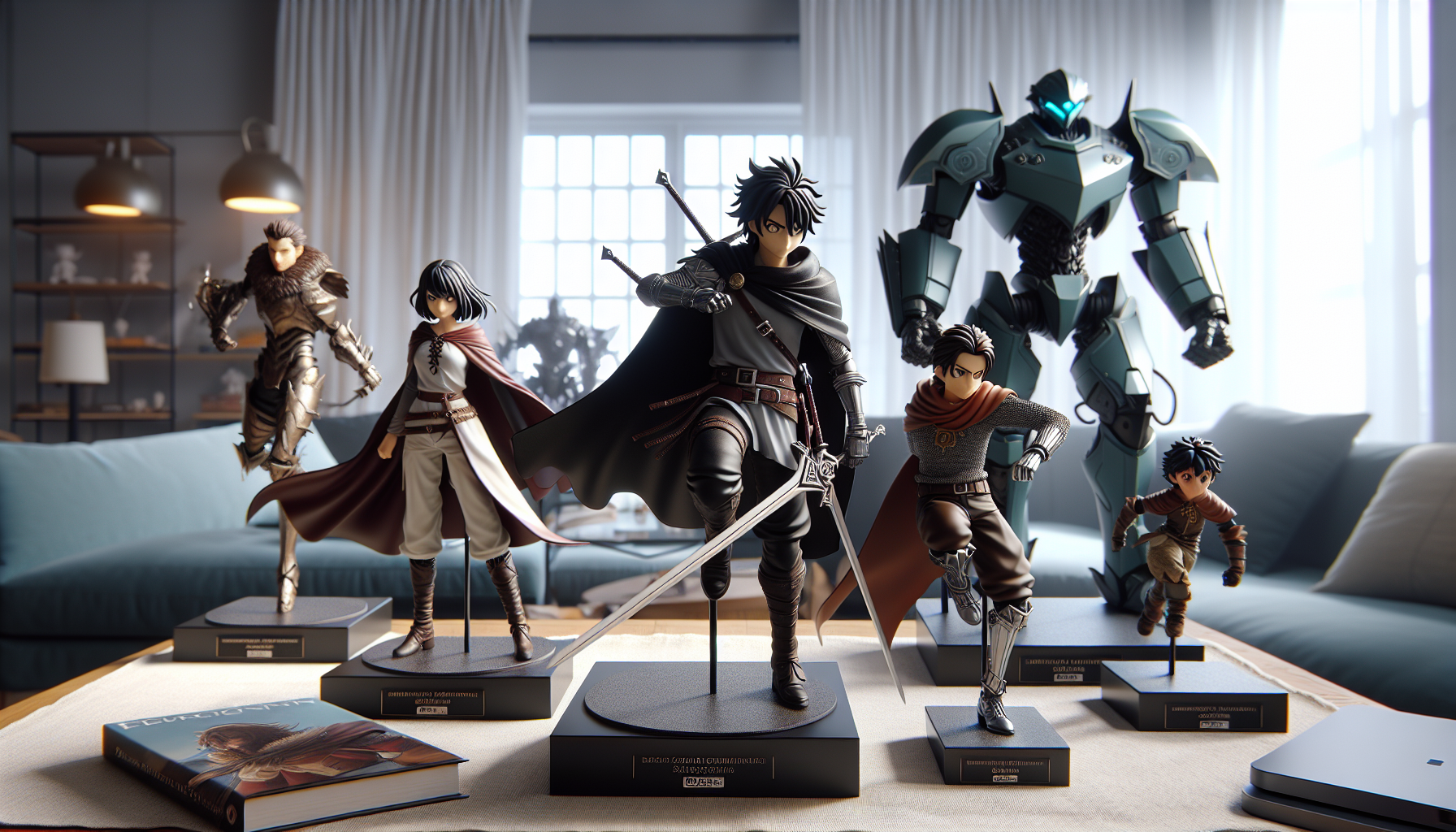 Attack on Titan figurer, Eren, Mikasa, Levi och Armored Titan, utställda på bord, Robotto.se-shopping och skandinavisk heminredning.