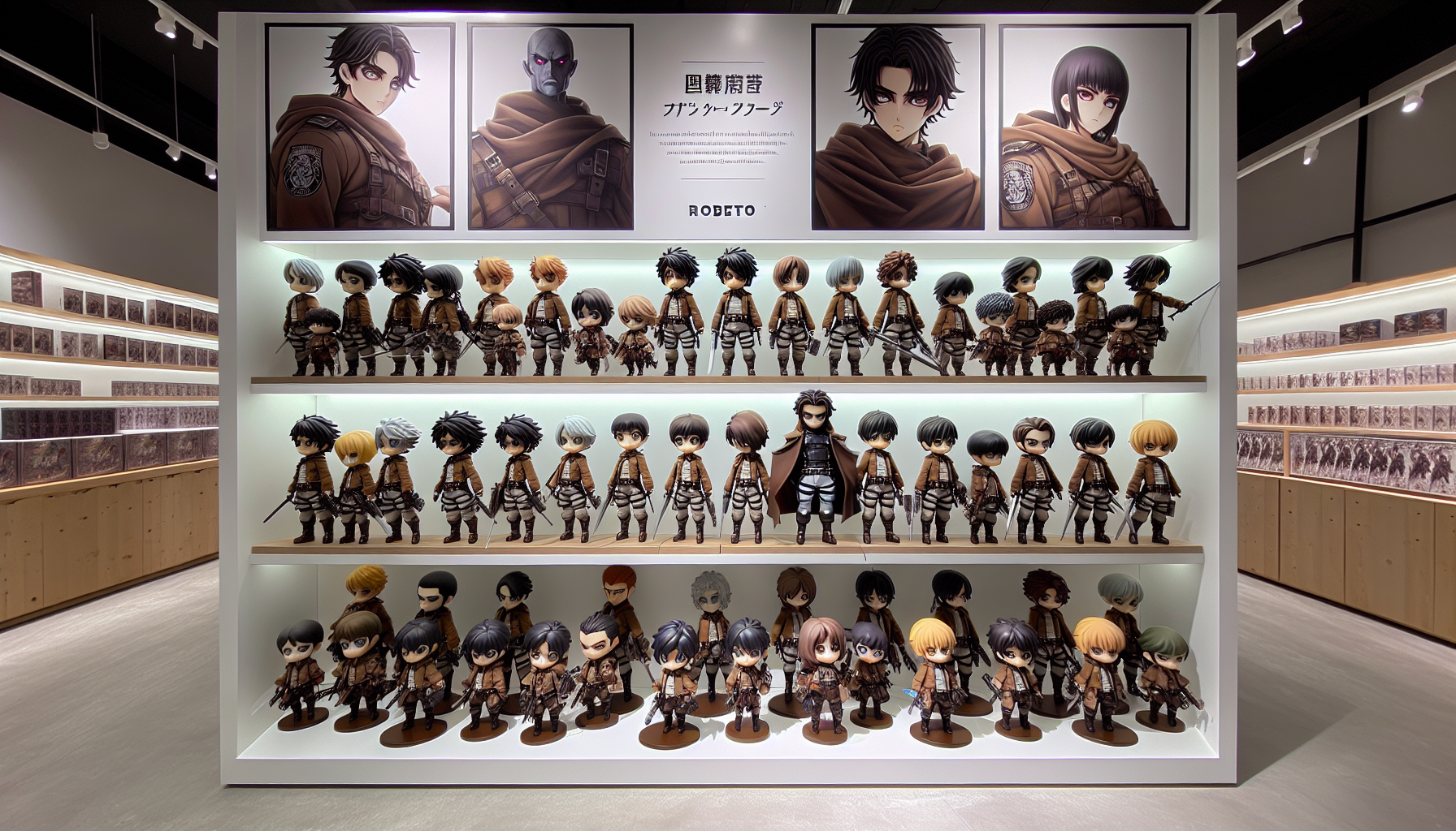 Banderollbild med chibi animefigurer i mörk fantasy-stil på vit hylla i svensk butik, Robotto.se, perfekt som hero-bild för samlarblogg