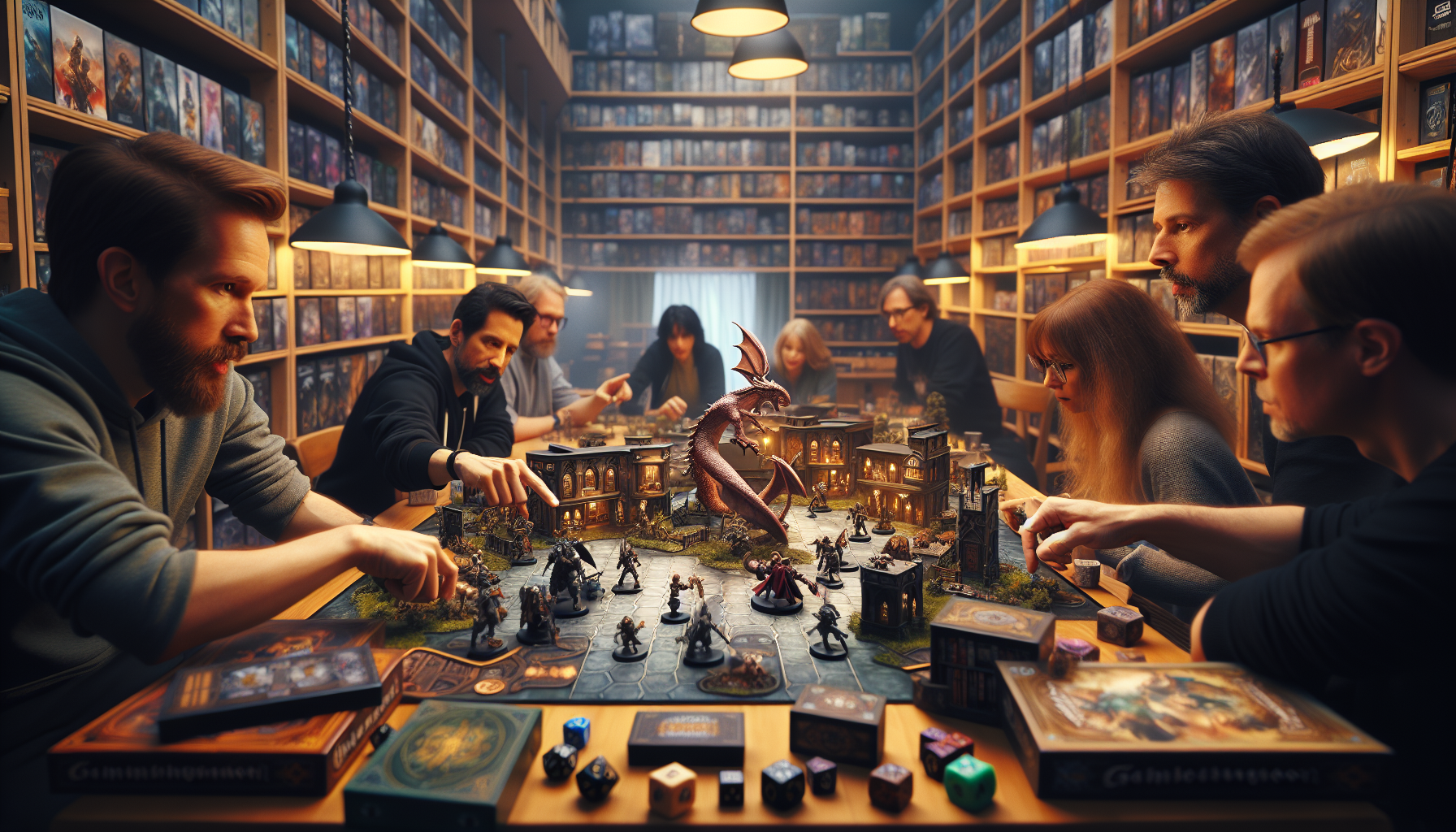 Spelare runt bord med episka brädspel, detaljerade fantasyminiatyrer och tärningar i modern butiksmiljö hos Gamedungeon.se