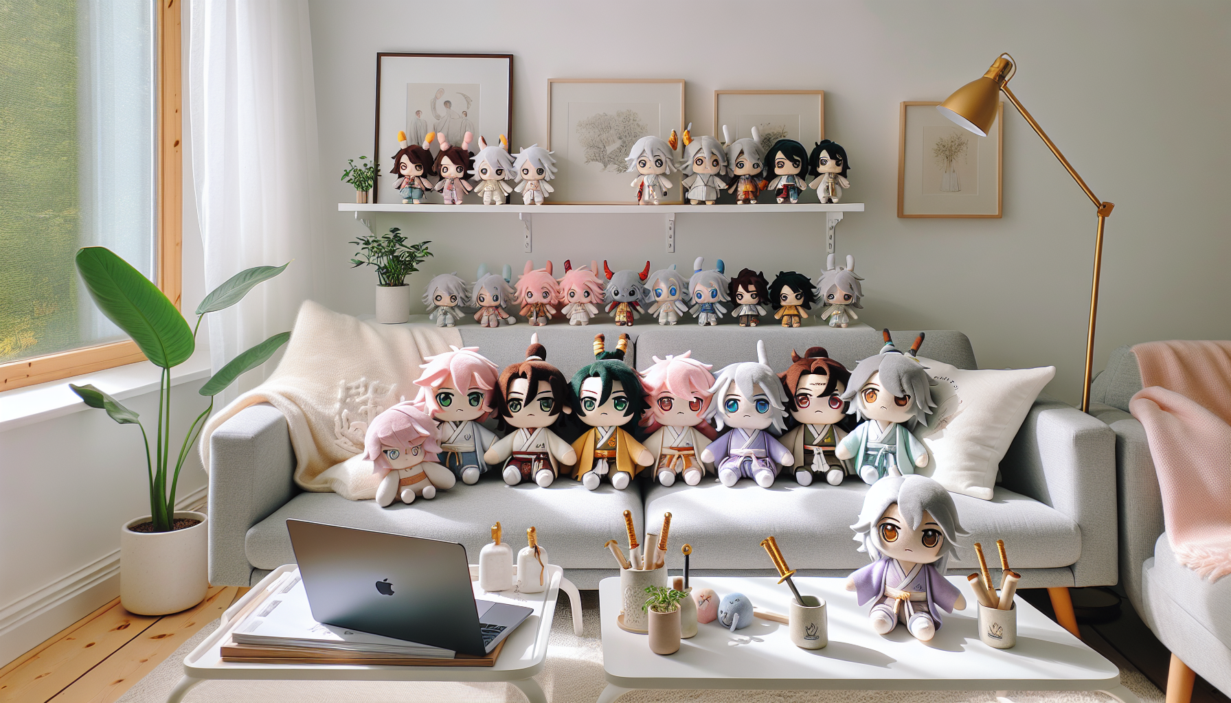 Svensk vardagsrumsscen med söta anime-gosedjur i kimono på soffa och hylla, e-handel på laptop – köp anime plushies online i Sverige.