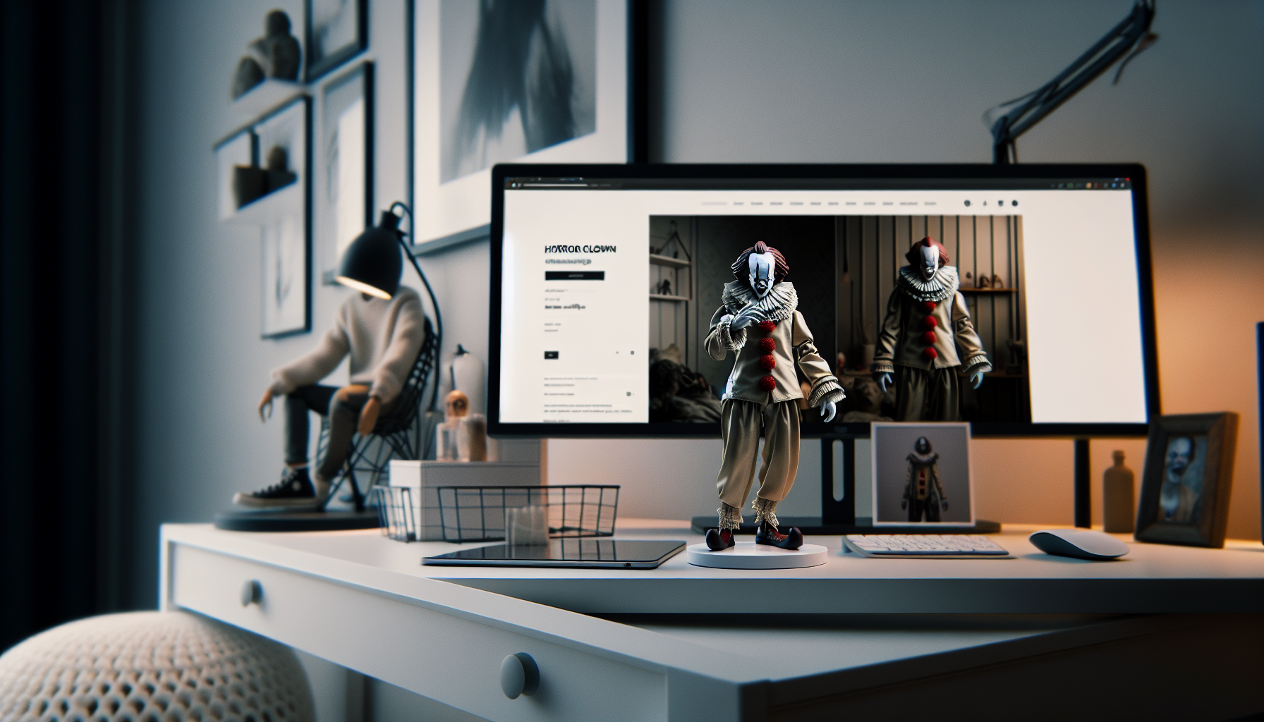 Snygg samlarhylla med blodig skräckclown-figur inspirerad av Art the Clown framför suddiga skräckprylar och svensk webbutik på skärm