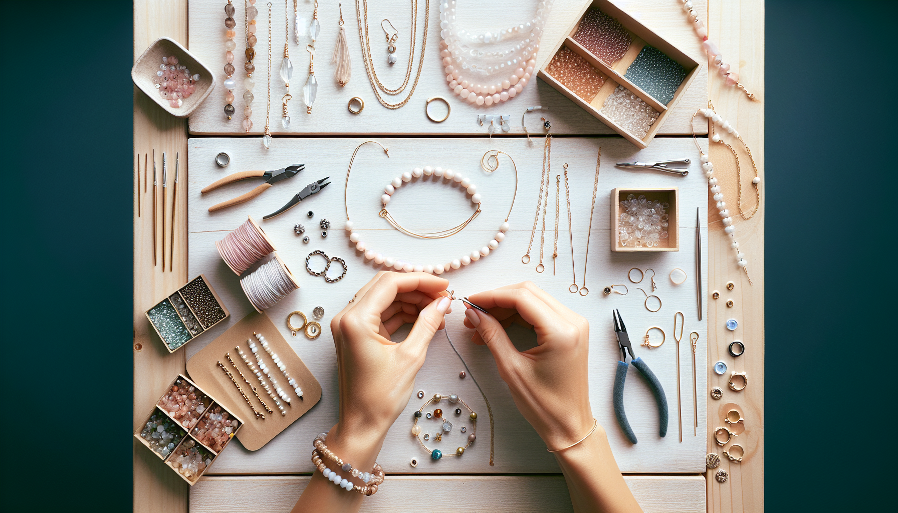 Skandinaviskt flatlay-smyckesbord: händer gör armband med DIY-smyckesset, pärlor i pastell, kedjor och färdiga smycken på ljust träbord.