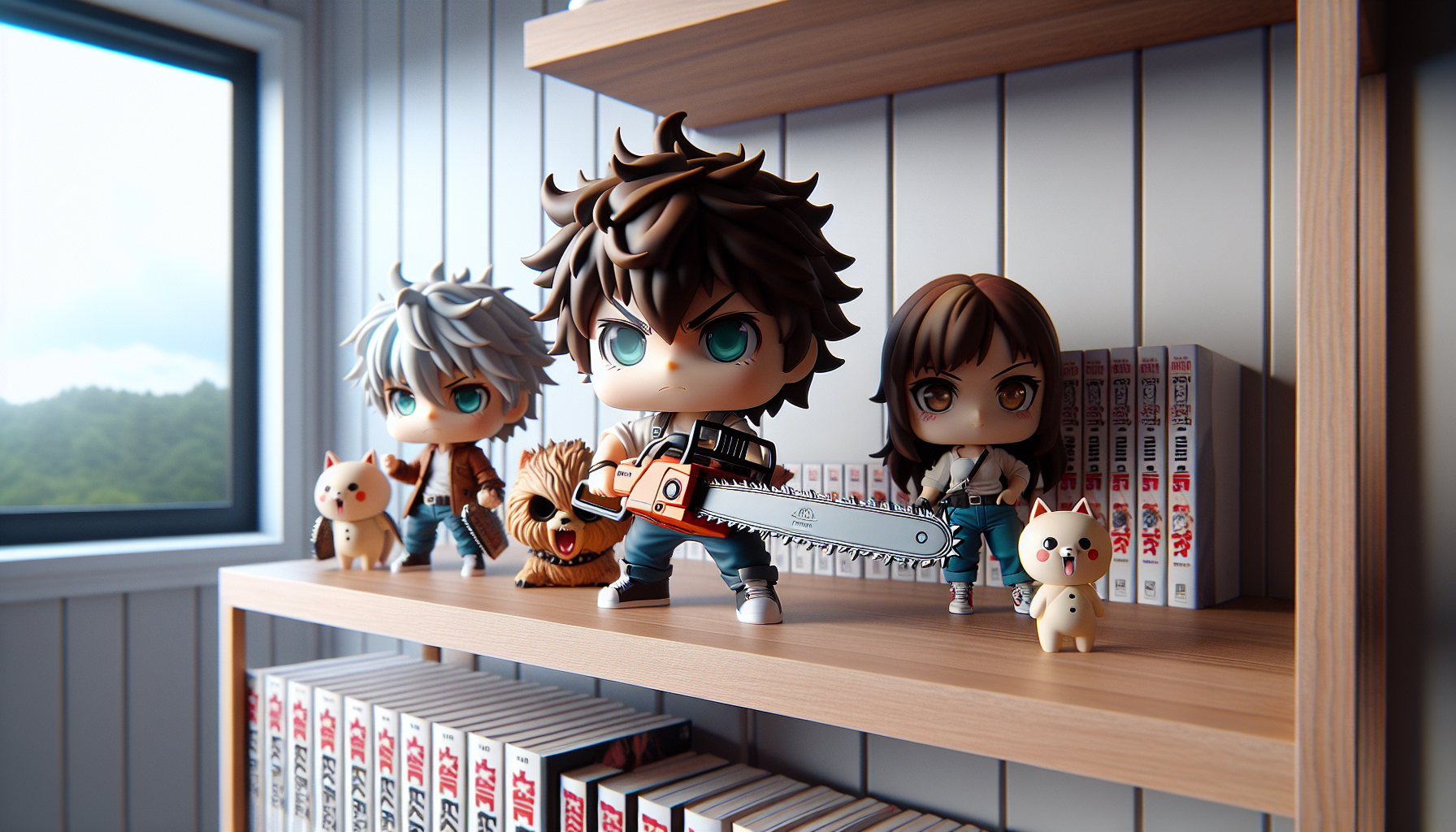 Animehylla med chibi vinylfigurer inspirerade av Chainsaw-serien på skandinavisk samlarhylla, bloggbild för svensk animebutik och guide