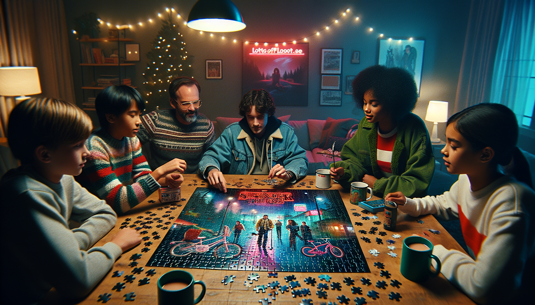 Familj lägger Stranger Things‑inspirerat pussel i mysigt 80-talsvardagsrum – bloggbild för Lotsofloot.se med retrospel och varm belysning.