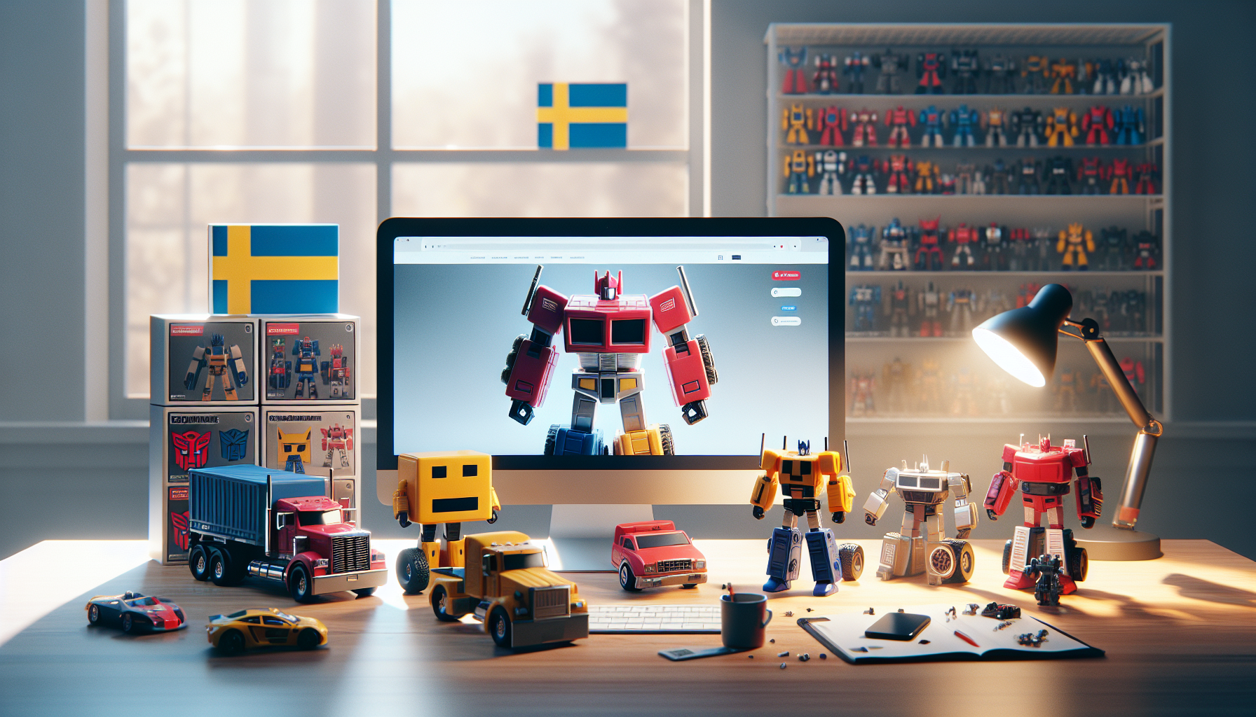 Samlingsbild med generiska POP-liknande robotfigurer och samlarboxar framför svensk nätbutiksskärm, flagga och skrivbord för Transformersguide