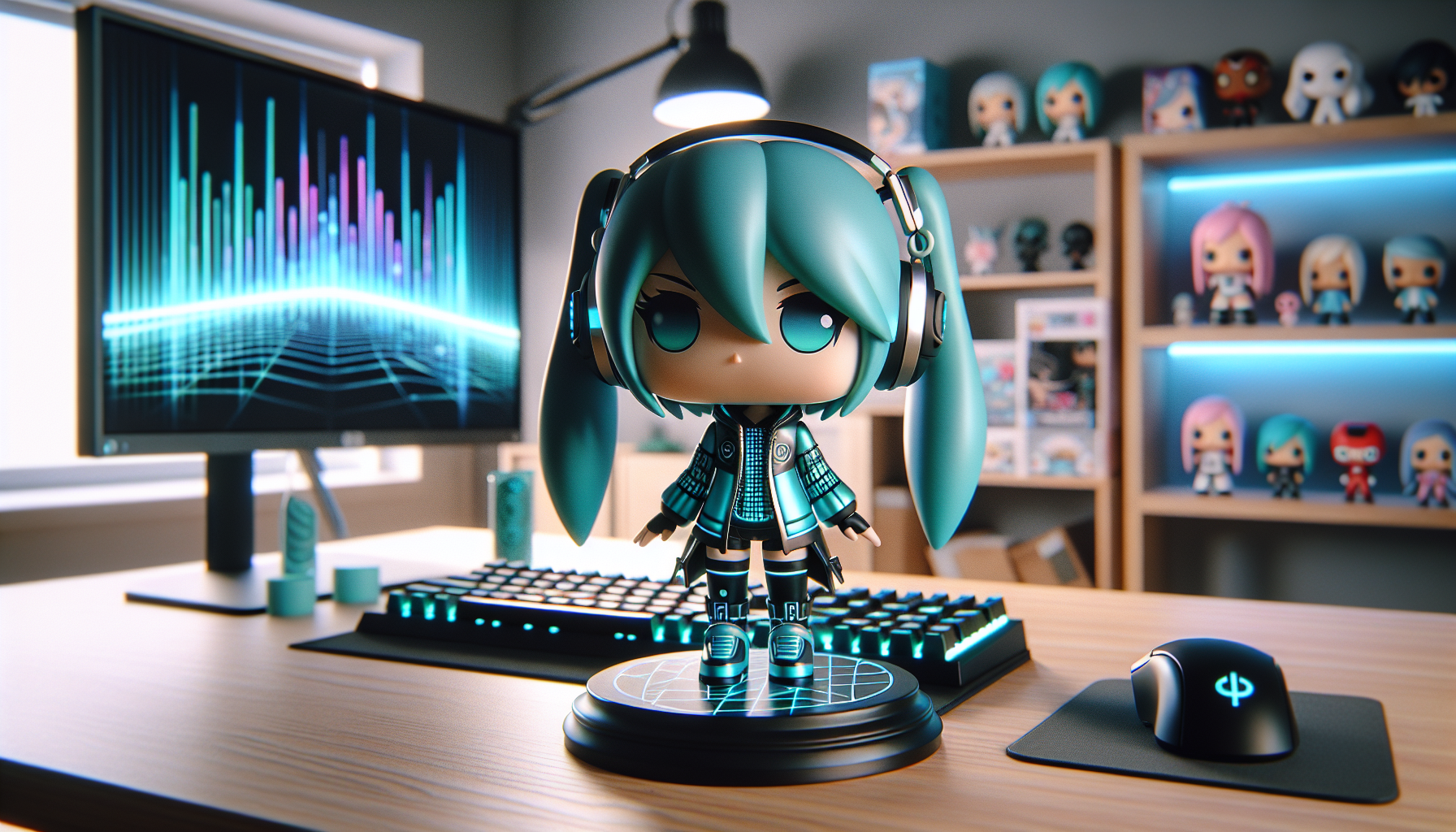 Vinylfigur i Vocaloid‑stil med turkost hår på skrivbord i svensk gaminghörna, POP‑figur samling, RGB‑tangentbord och skandinavisk inredning
