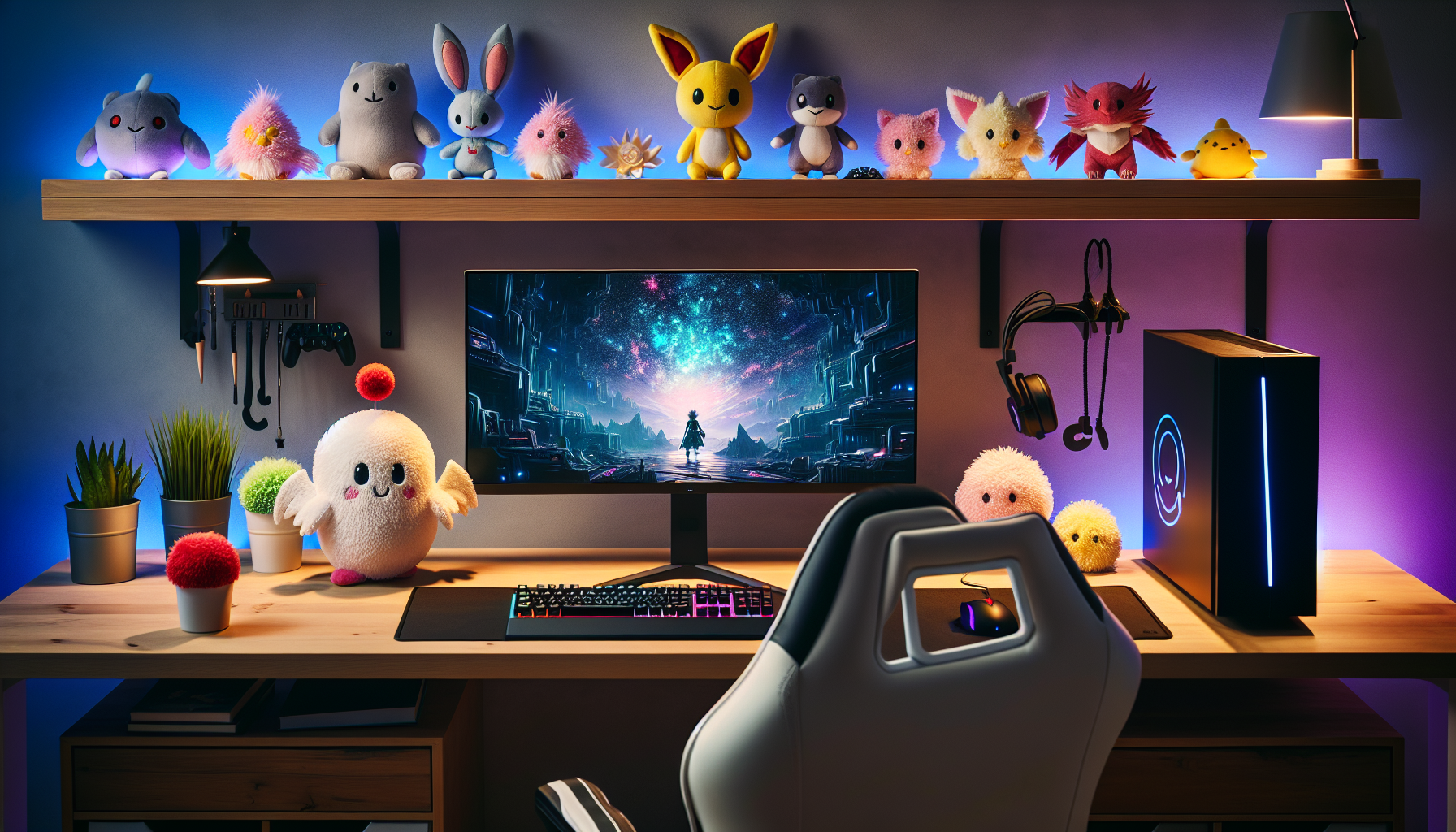 Banderoll för svensk gamingblogg: mysigt RGB-spelhörn med JRPG‑inspirerade Final Fantasy‑gosedjur från Robotto.se och svensk flagga.