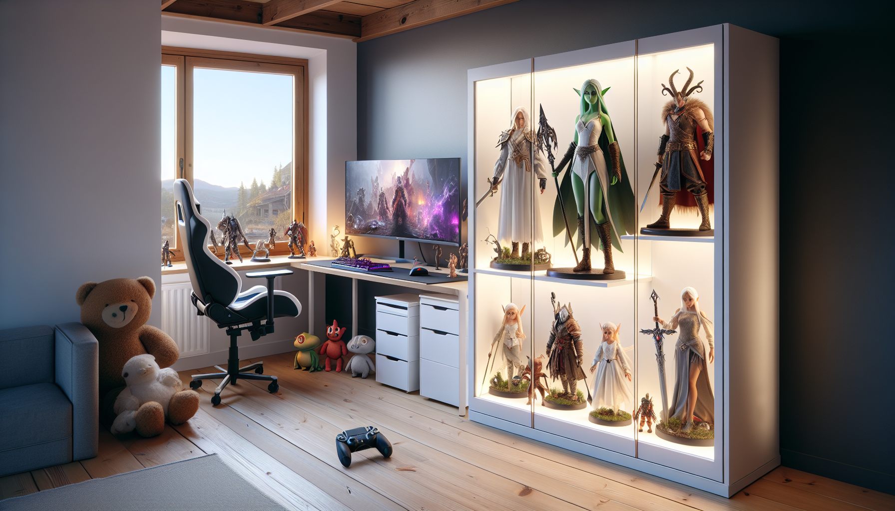 Snygg svensk gaminghörna med upplyst vitrinhylla fylld med detaljerade fantasy samlarfigurer, perfekt inspiration för display av spelkaraktärer