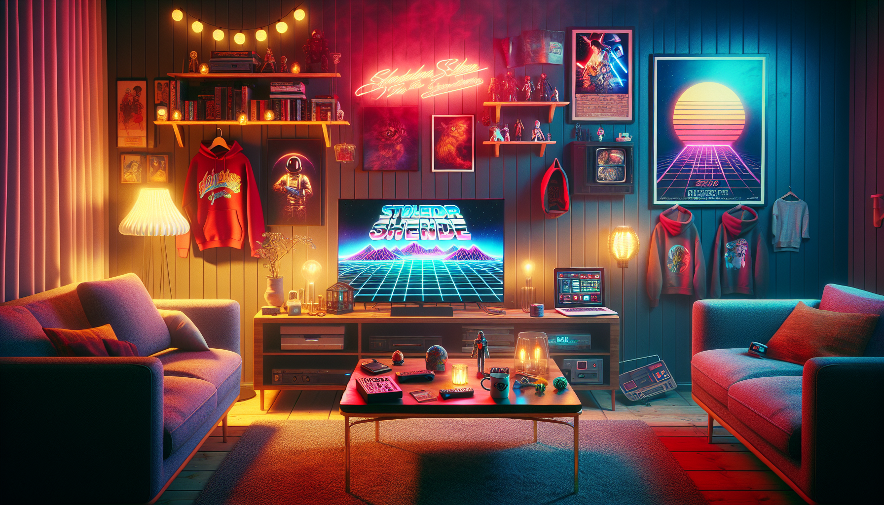 Svenskt vardagsrum med Stranger Things‑inspirerade merch, neonljus, retro detaljer och laptop som visar svensk webshop för fanprodukter