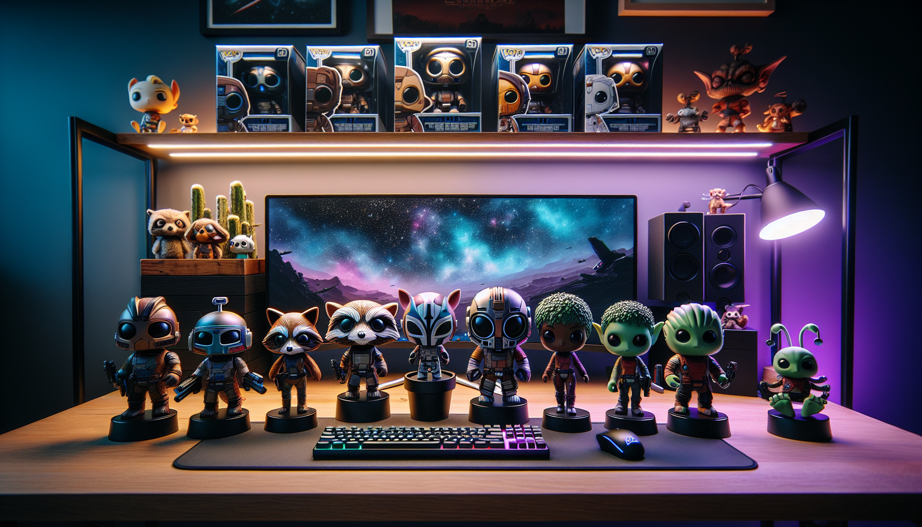 Stilrent samlarbord med chibi rymdhjälte-vinylfigurer och exklusiva boxar, kosmisk belysning och modern skrivbordssetup