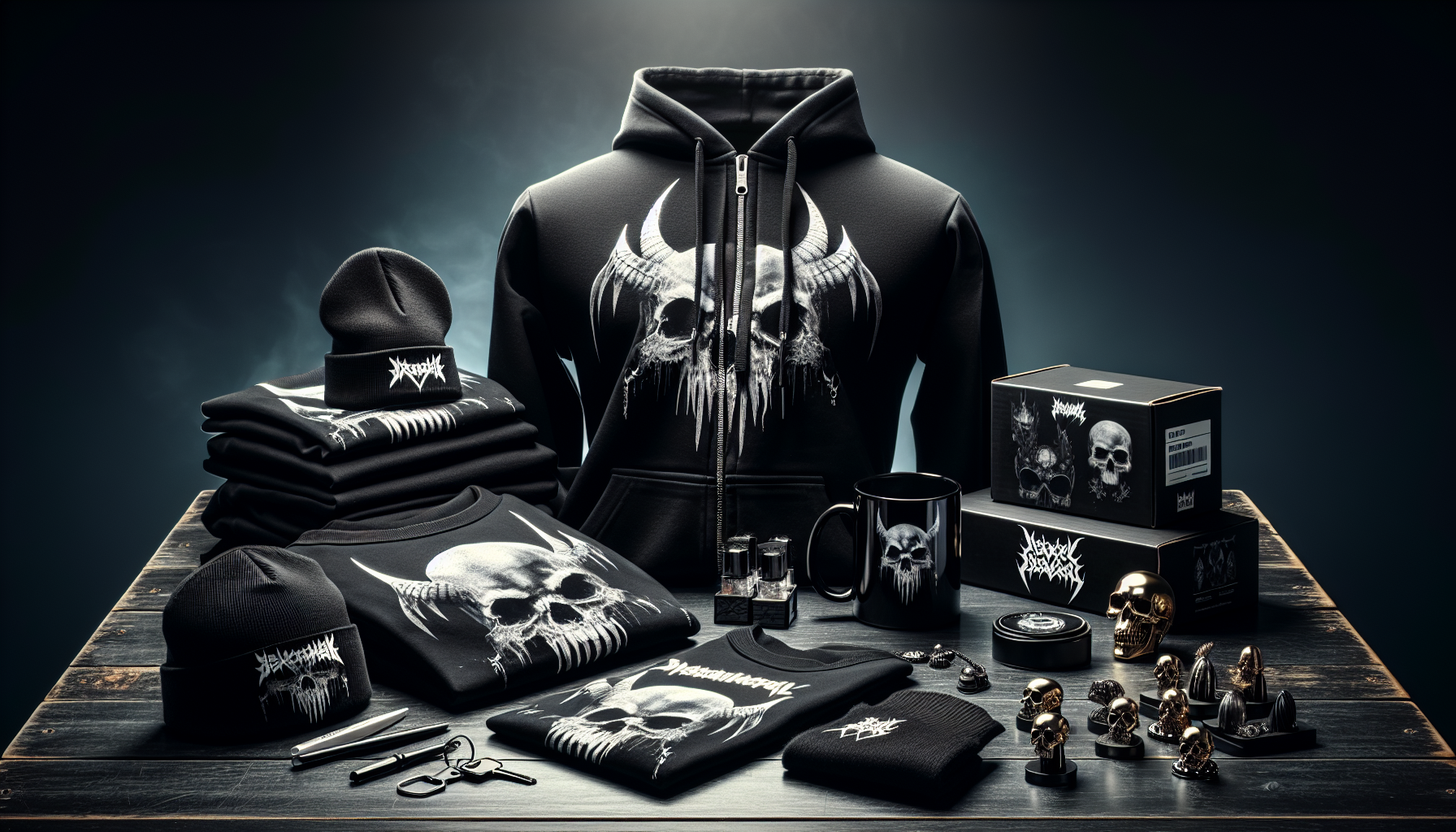 Cinematisk flatlay med svarta Motörhead‑inspirerade tröjor, merch‑accessoarer och Nerdbutiken.se‑kartong på mörkt bord, svensk e‑handel.