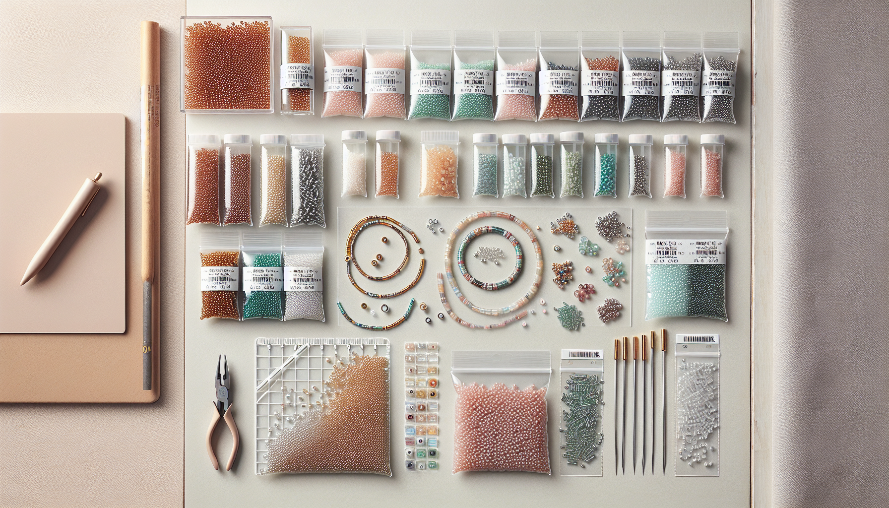 Flatlay med Miyuki seed beads 15/0, påbörjat pärlsmycke, verktyg och surfplatta med Hilmaspyssel.se i ljus skandinavisk stil.