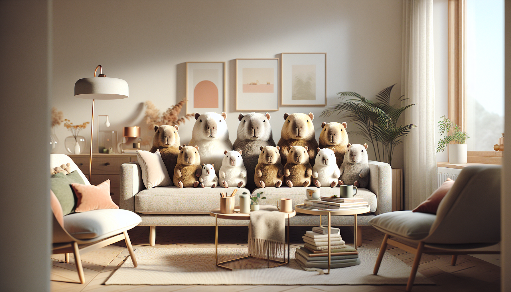Ljust skandinaviskt vardagsrum med mysiga capybara gosedjur på soffa och bord, hygge-inredning för barn, tonåringar och vuxna.