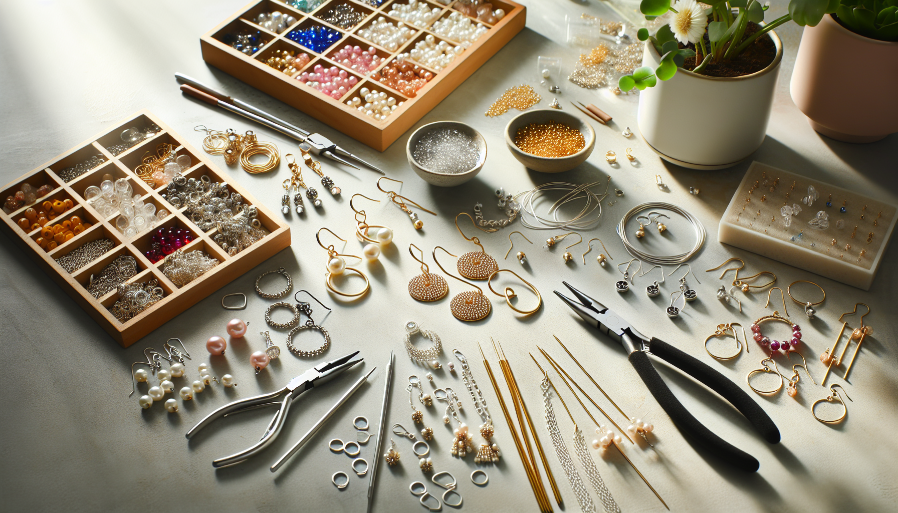 DIY-bild på modernt skandinaviskt örhängtillverkning med pärlor, verktyg och material på ljus bordsyta, branding från Hilmaspyssel.se