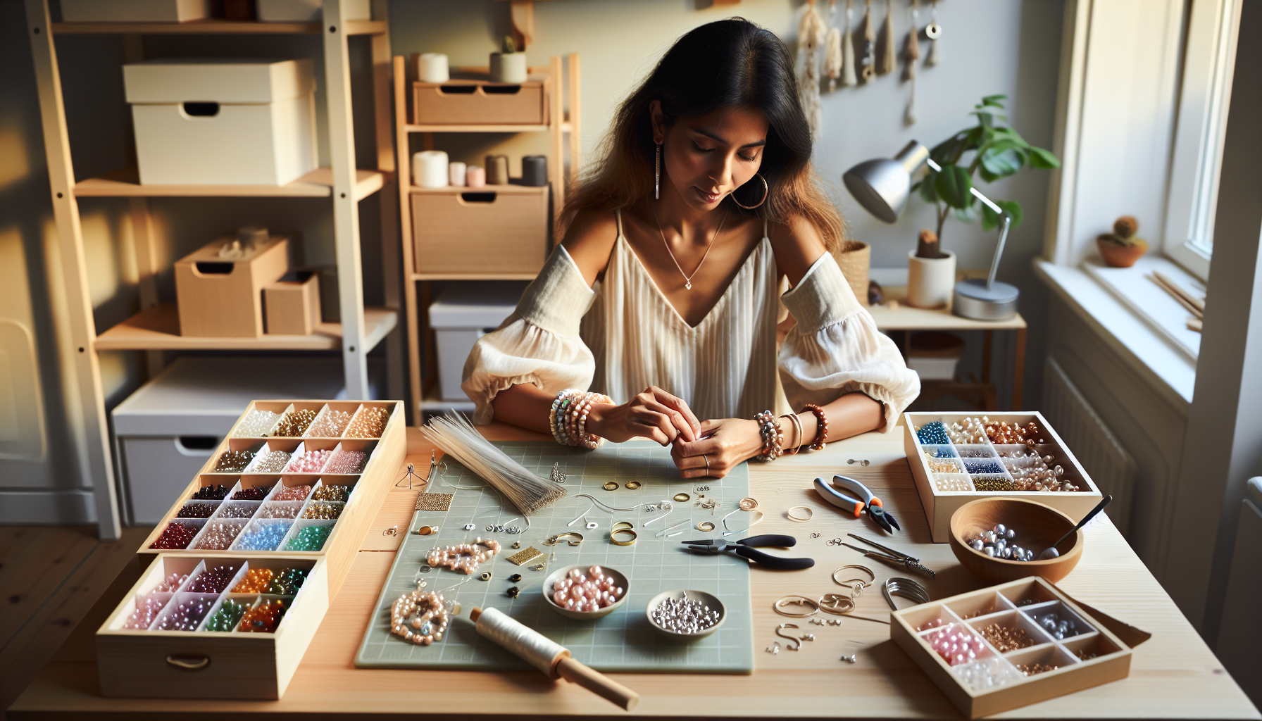 Person gör handgjorda smycken vid ljust pysselbord med pärlor och verktyg i nordisk, kreativ hemmamiljö – DIY armband, örhängen, halsband.