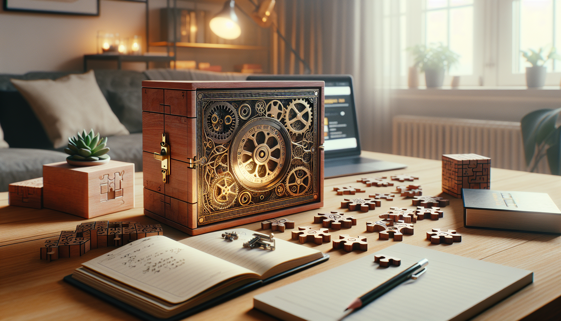 Träig Cluebox-pussellåda på bord i skandinaviskt vardagsrum, ledtrådar och laptop antyder guide och shopping på Gamedungeon.se
