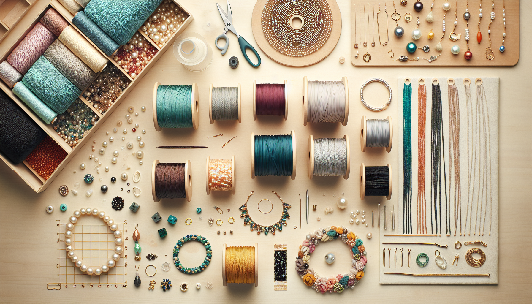 Flatlay med S‑lon pärltråd på spolar, makraméarmband, pärlhalsband, pärlor och smyckesverktyg på ljus nordisk bakgrund för DIY-smycken.