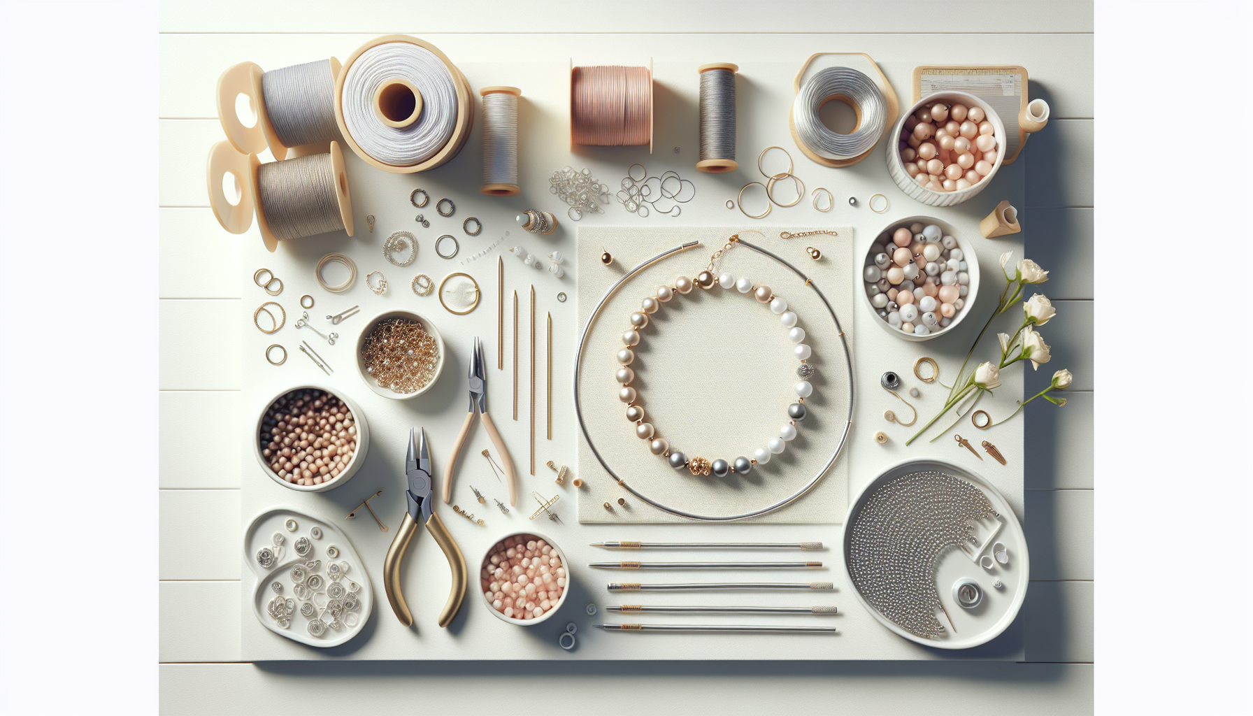 Plattläggning av smyckestillverkning med halvklar armband och halsband, trådar, wire, verktyg och pärlor på vit skrivbordsyta – Trådar & Wire guide