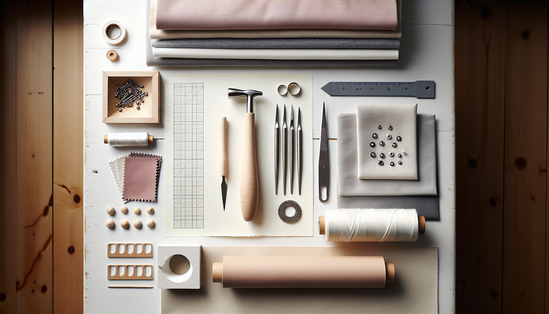 Örstickare på ljust svenskt pysselbord med tyg, läder och papper med hål, omgiven av sytilbehör i skandinavisk, minimalistisk DIY-stil
