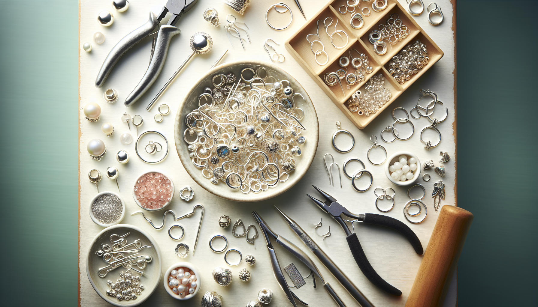 Översiktsbild av stilren arbetsyta för smyckestillverkning med 925 sterlingsilver öronkrokar, creoler, stift, ringar och verktyg i skandinavisk stil