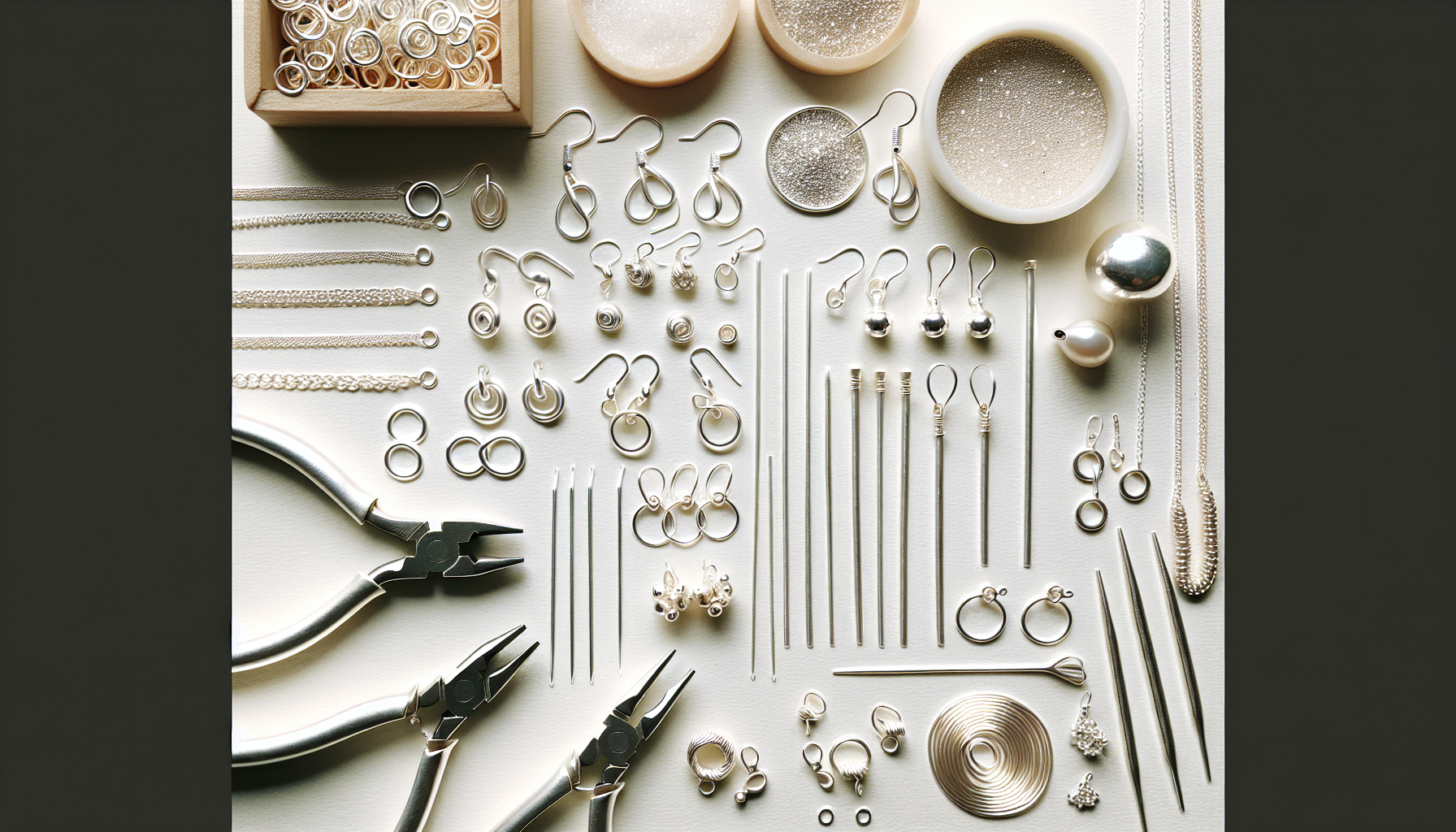 Flatlay med 925 sterling silver smyckesdelar, verktyg och halvfärdiga örhängen på ljus bakgrund för DIY smyckestillverkning online.