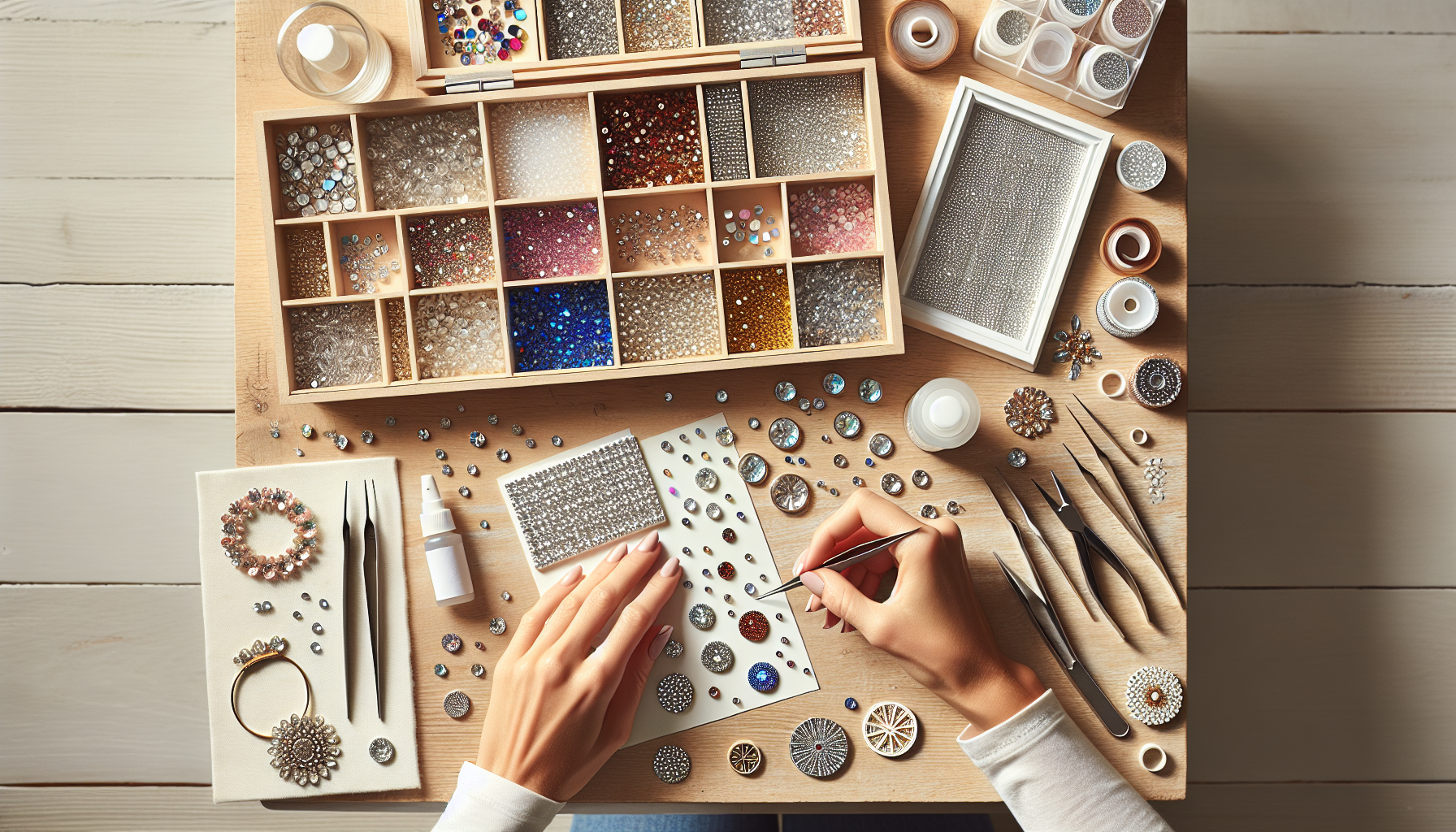 DIY-pysselbord med händer som dekorerar vit mobilskal med strass i olika färger, lim och glittriga exempel i ljus skandinavisk stil