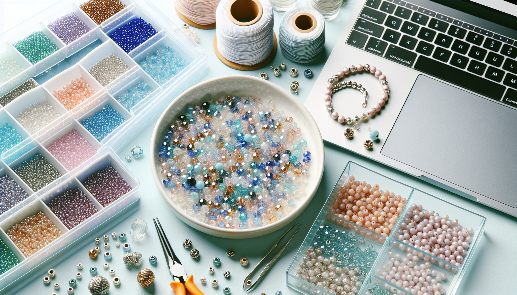 Plattlay med Firepolish 3 mm tjeckiska glaspärlor, smyckesverktyg och påbörjade armband och örhängen på ljust skandinaviskt pysselbord hos Hilmaspyssel.se