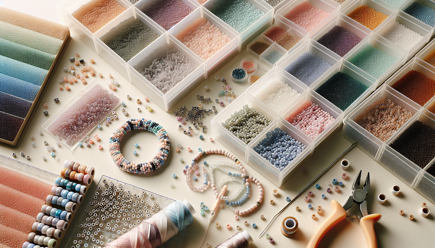 Närbild flatlay av TOHO 8/0 seed beads, halvfärgat armband, nål och smyckesverktyg på ljus bakgrund för svensk pärlshop-blogg.