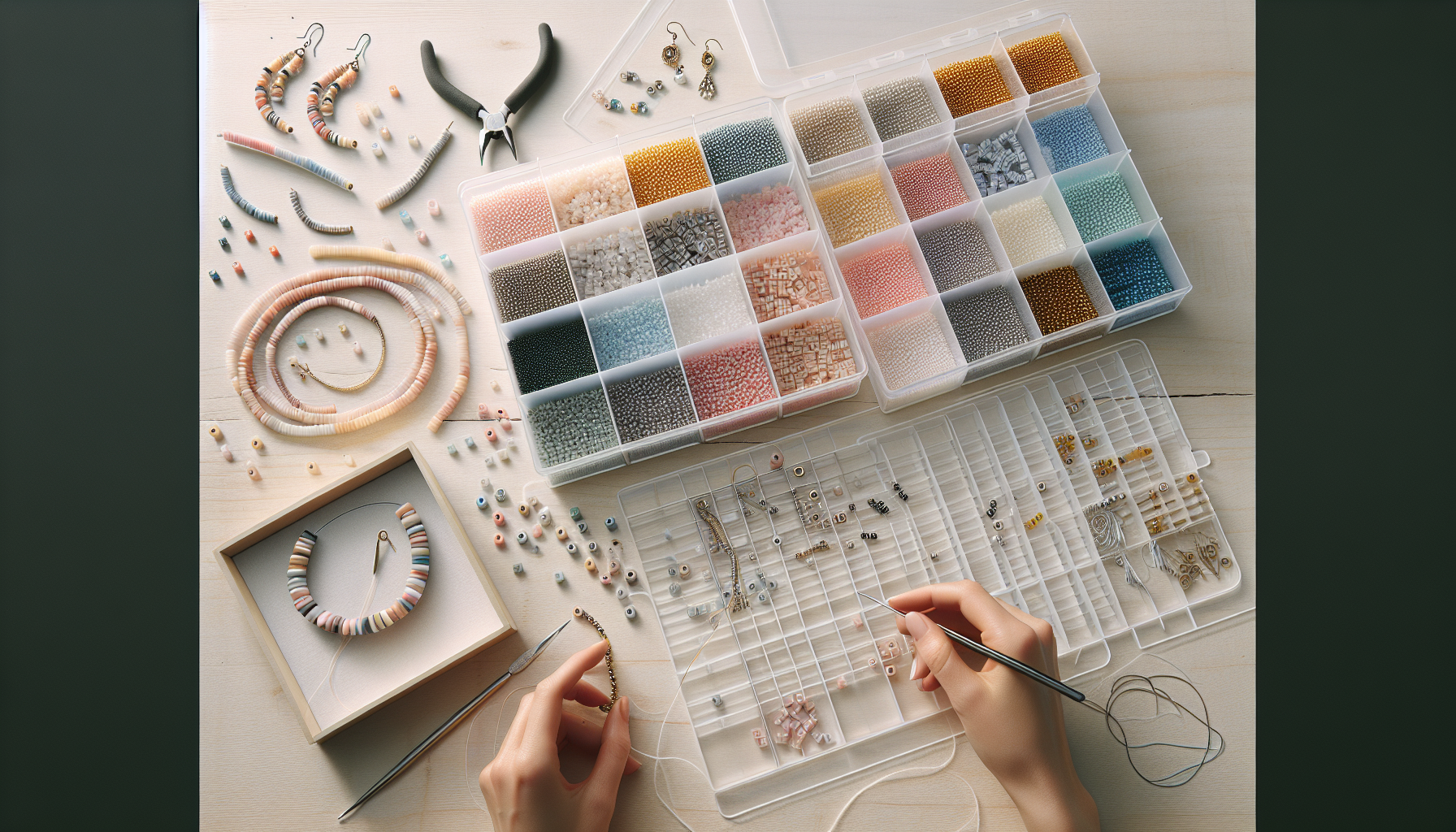 Scandi flatlay med Miyuki Quarter Tila-pärlor, pågående armband och örhängen, nål och tång – inspirationsbild för svensk pärlbutiksblogg.