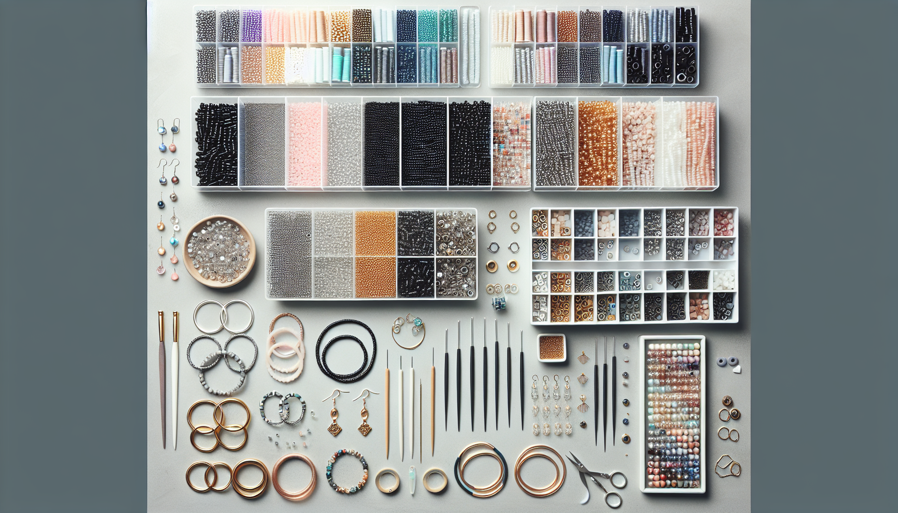 Modern smyckesverkstad med Miyuki Half Tila-pärlor, eleganta armband, verktyg och laptop som visar guide för att göra stilrena smycken