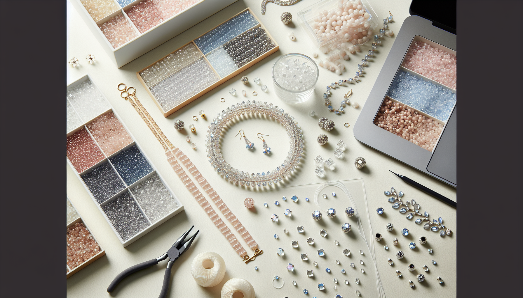 Skandinavisk flatlay med Preciosa-pärlor och kristaller, halvfärdigt armband, örhängen, smyckesverktyg och laptop för onlineköp i Sverige