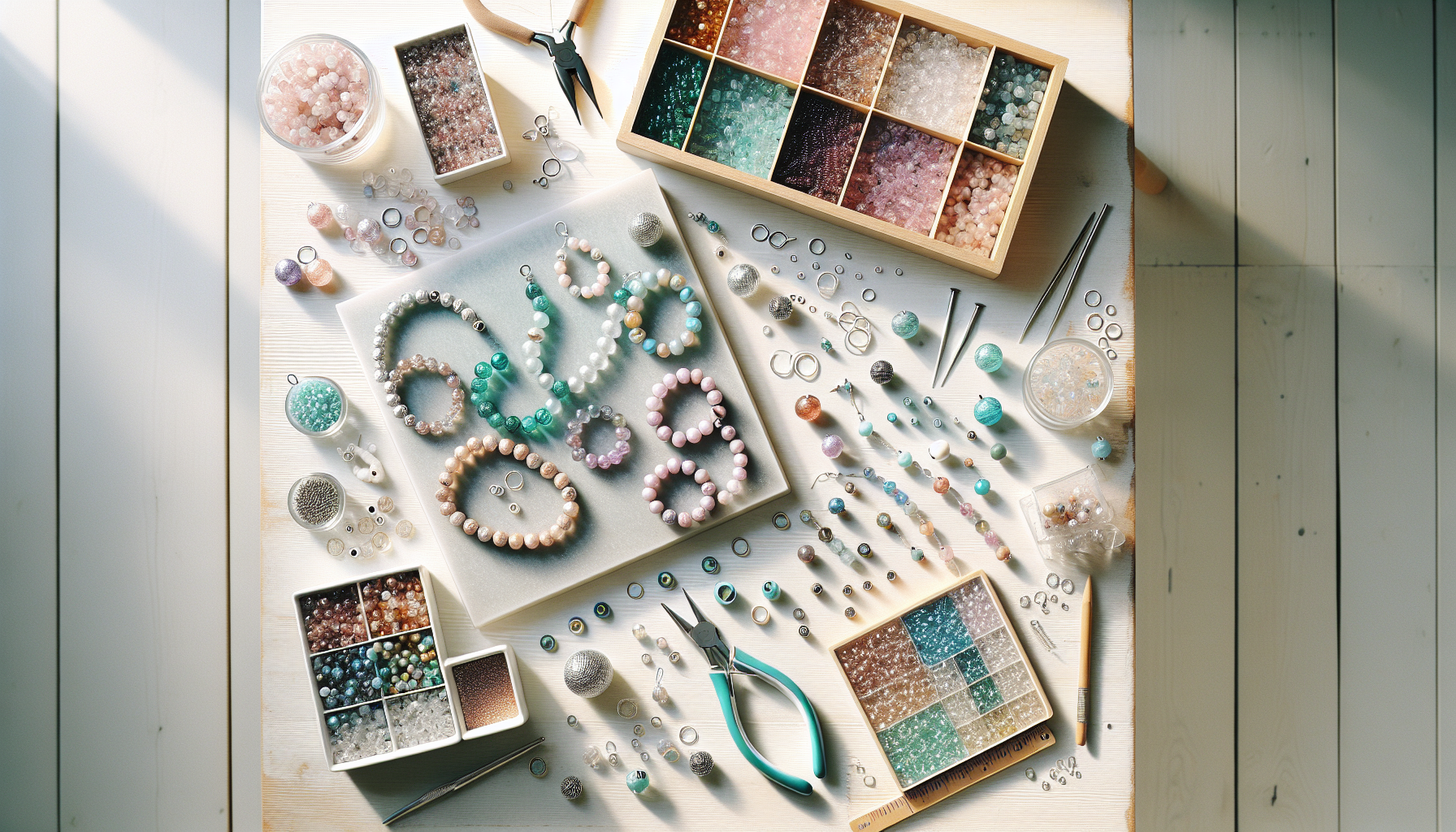 Flatlay smyckesverkstad med spruckna glaspärlor, DIY-armband och örhängen i pastell, verktyg och Hilmaspyssel.se-kort på ljus skandinavisk bakgrund