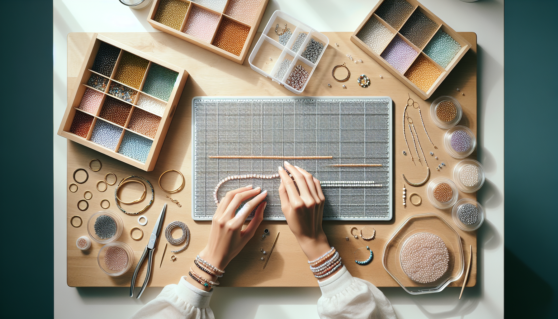 Hand gör smycken med TOHO seed beads på ljust bord; ordnade pärlor, armband och örhängen i modern, kreativ smyckesverkstad.