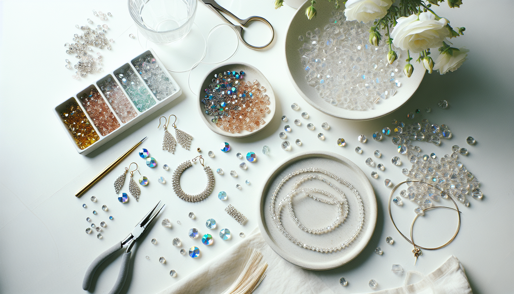 Plattlay med Swarovski Bicone 5328 kristaller, DIY-armband och örhängen, smyckesverktyg och Hilmaspyssel.se på ljus skandinavisk bakgrund