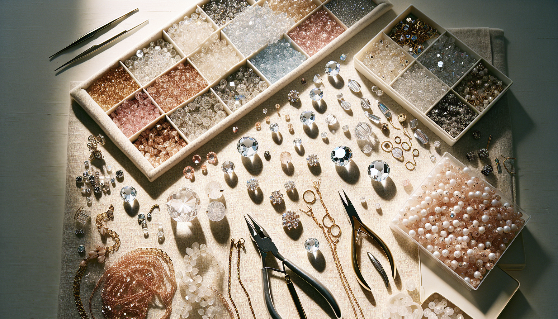 Ljus flatlay av smyckesverkstad med Swarovski-liknande kristaller, kedjor och verktyg på linneduk – kreativ DIY-scen för svensk smyckesblogg