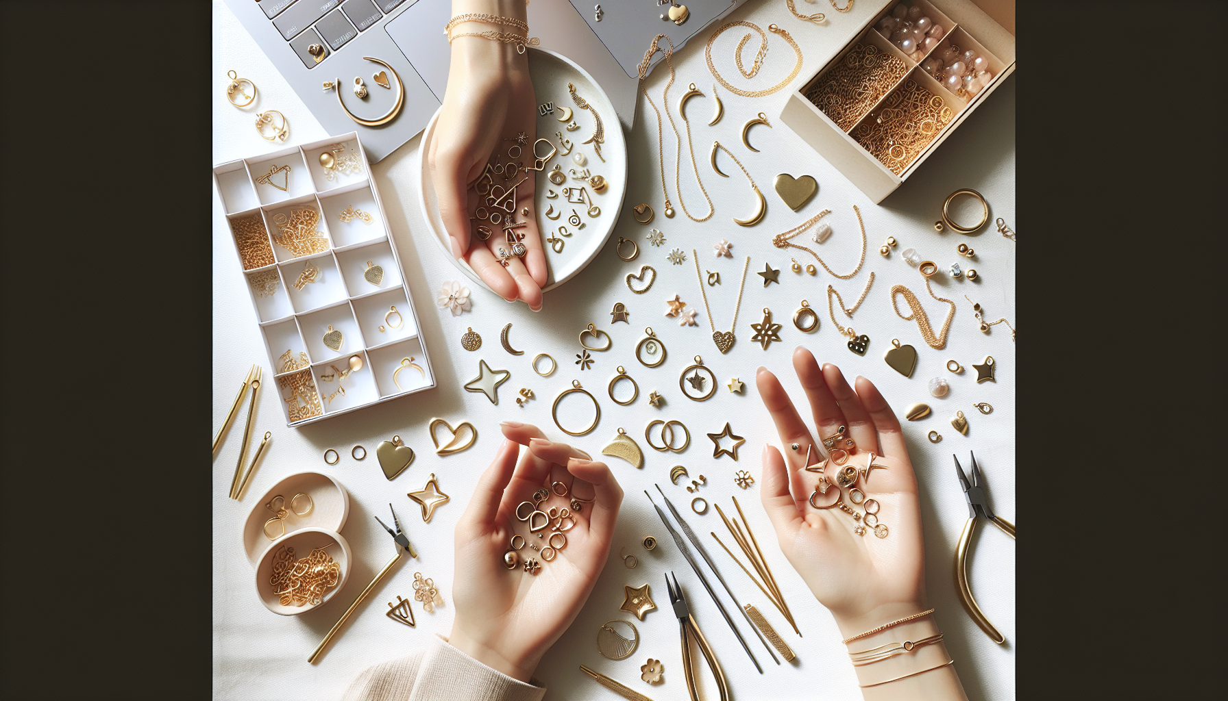 DIY smyckestillverkning på ljus flatlay med händer som arrangerar guldfärgade charms, armband, halsband, verktyg och öppen webbutikssida.