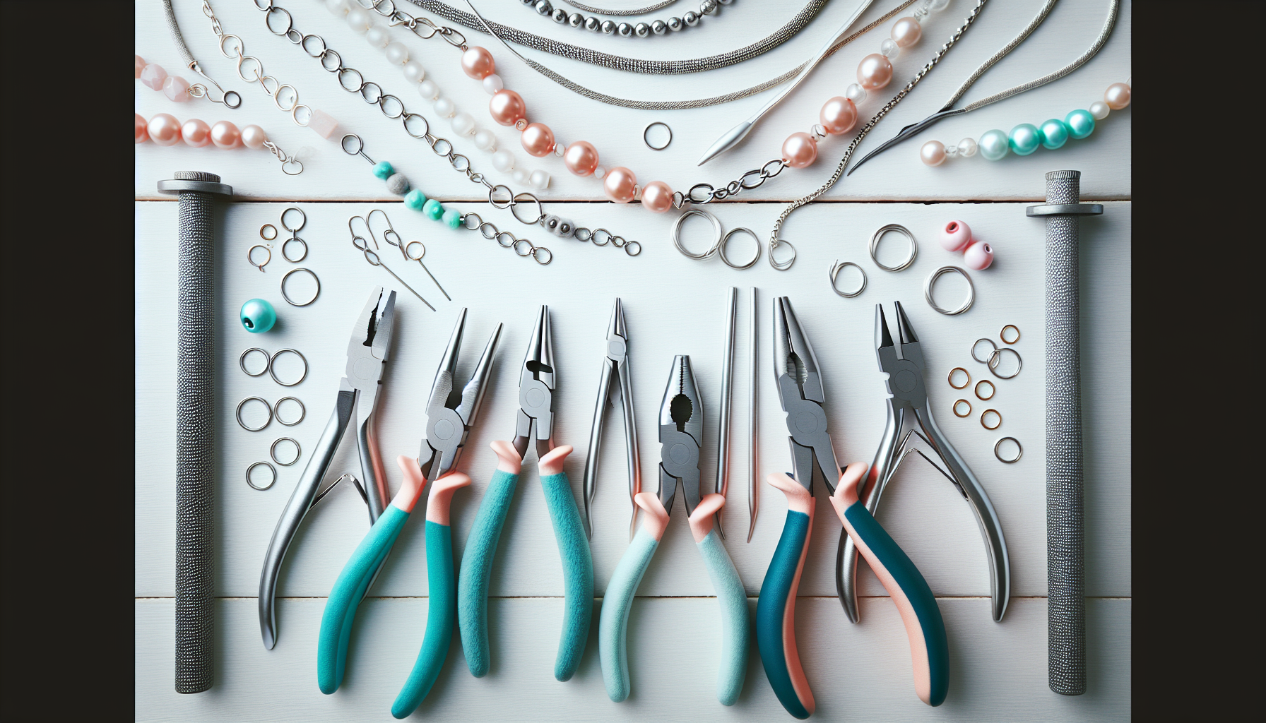 Scandi-inspirerat smyckesbord med tänger, pärlor och halvfärgat armband på ljus träyta för DIY smyckestillverkning online.