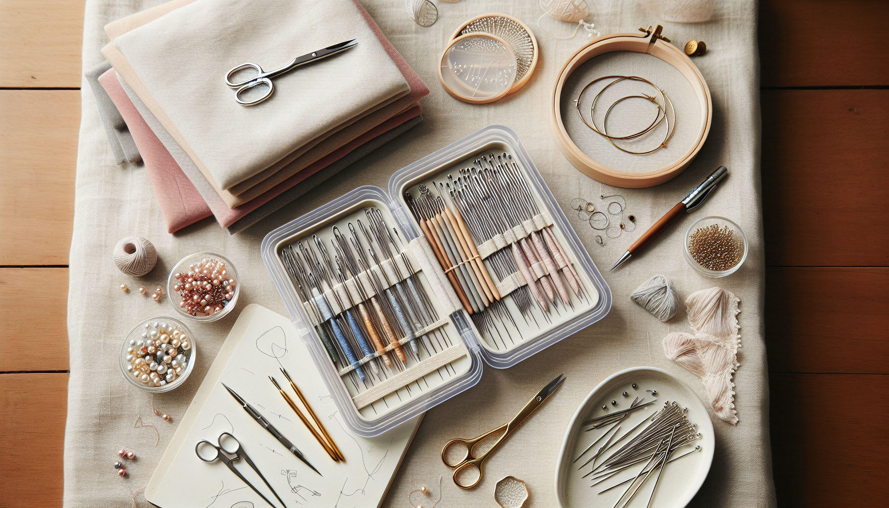 Plattläggning med olika nålar för sömnad, broderi och smyckestillverkning på nordisk, ljus bakgrund för kreativ DIY-blogg